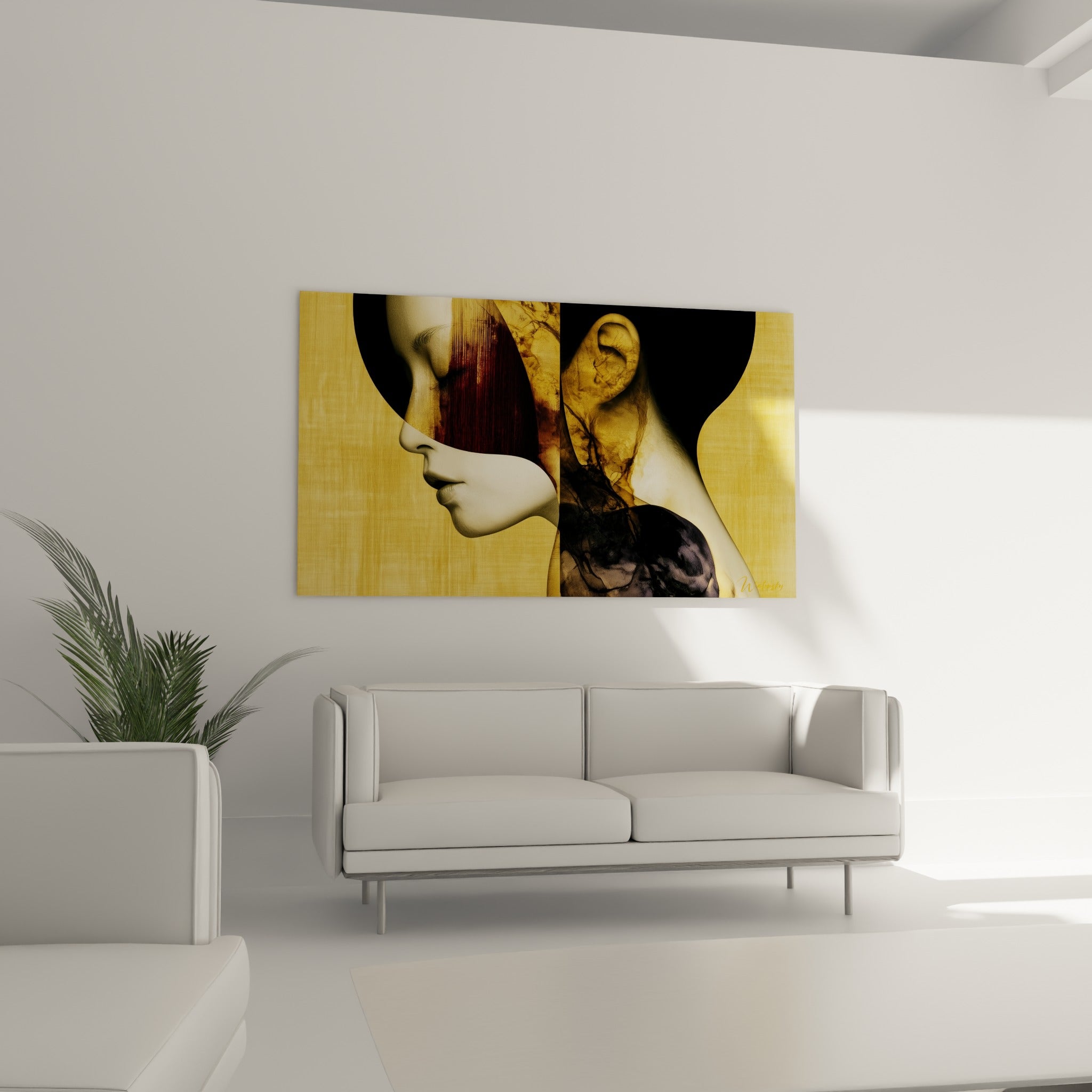 Portrait fractionné doré et anthracite suspendu au-dessus d'un canapé dans un salon lumineux