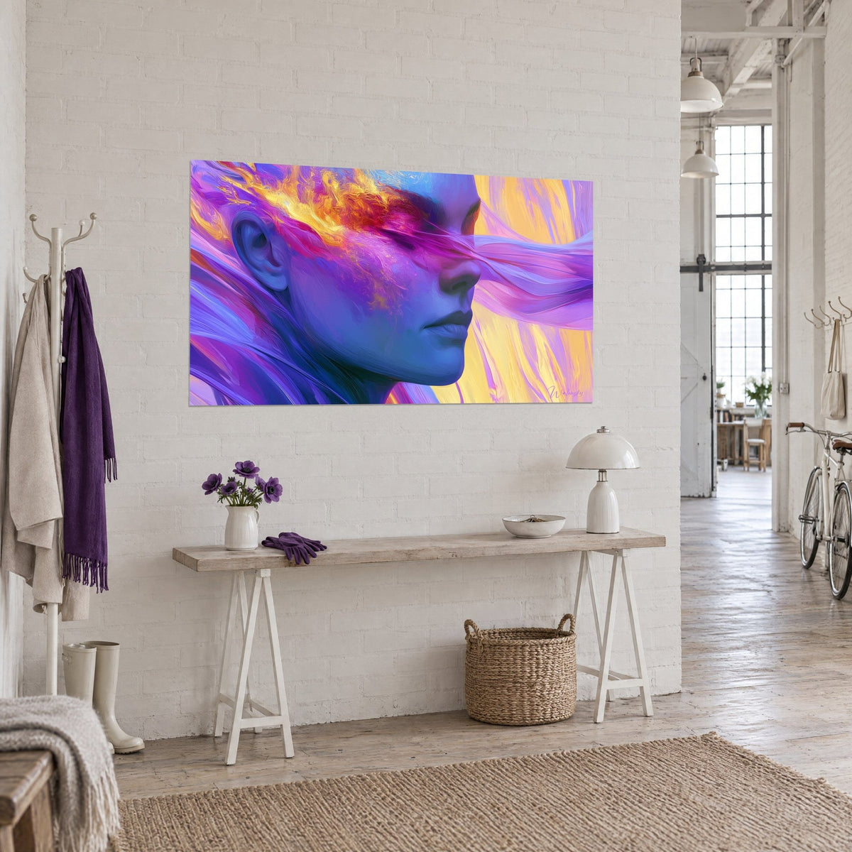 Wall art female portrait with eyes blindfolded by a magenta veil, violet skin and pale yellow background, hung in an artist's loft