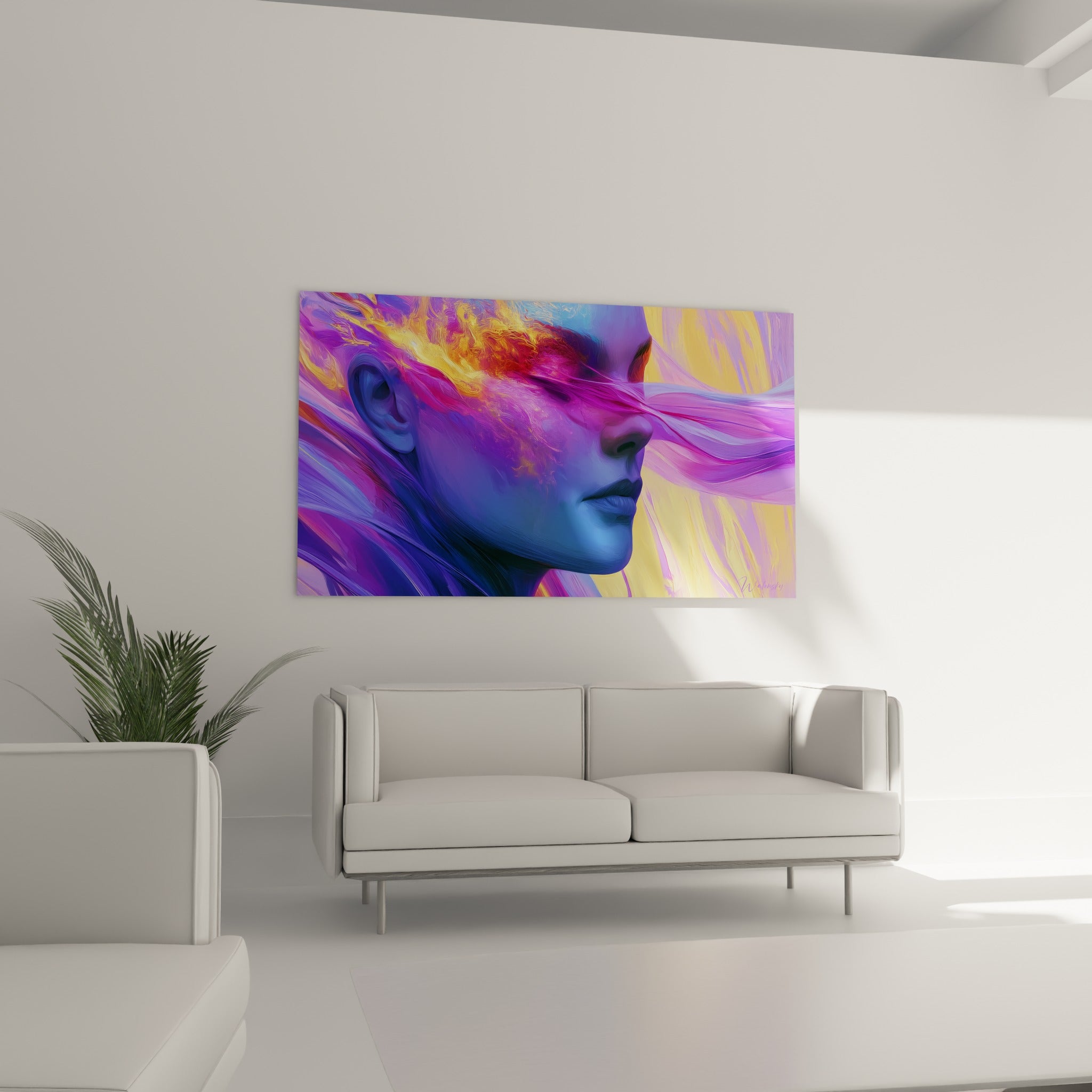 Profil abstrait violet et orangé accroché au-dessus d'un canapé dans un salon lumineux