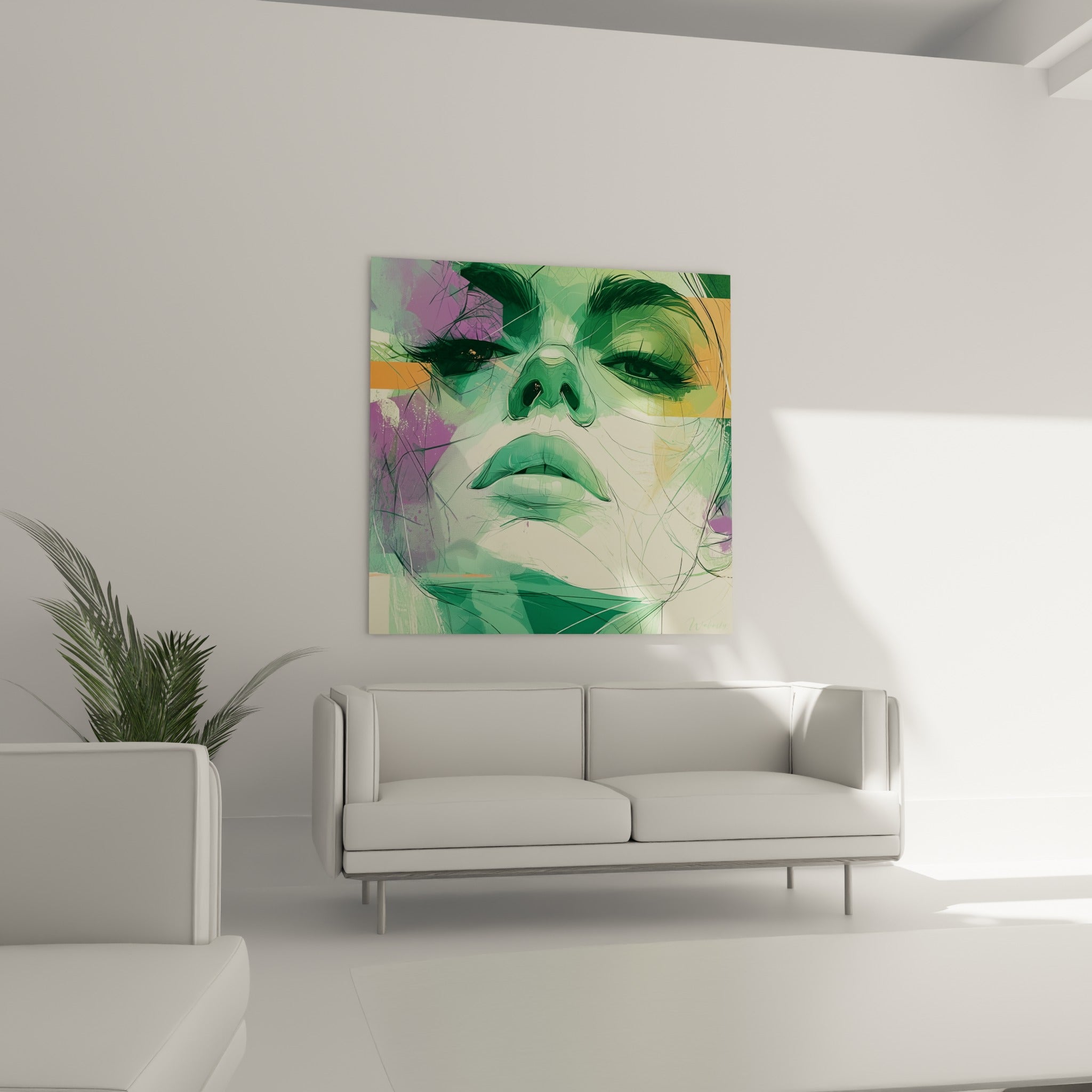 Composition graphique vert sauge et violet du visage abstrait, au-dessus d'un canapé dans un salon lumineux