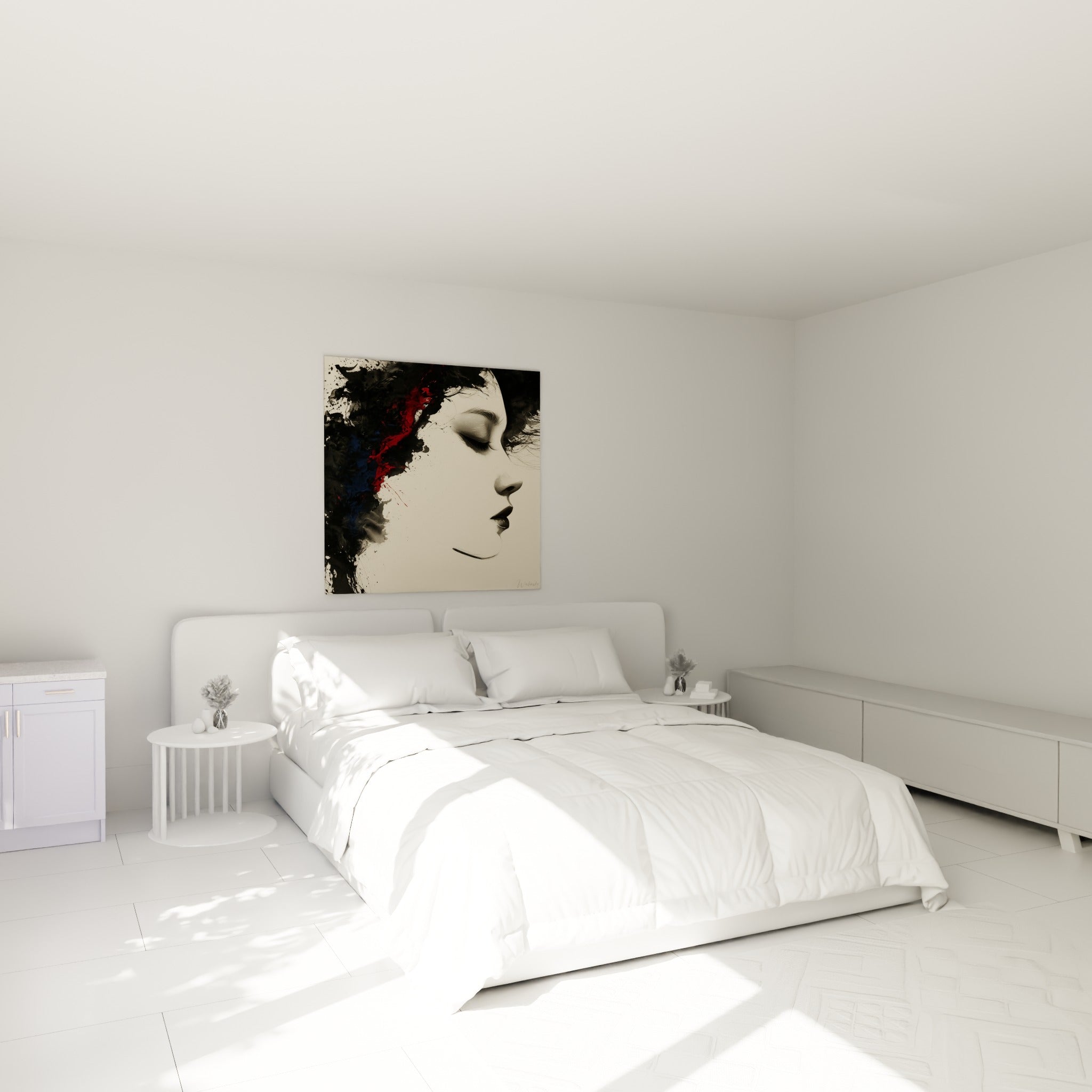 Portrait abstrait crème et noir aux touches rouges, accroché au-dessus d'un lit dans une chambre claire
