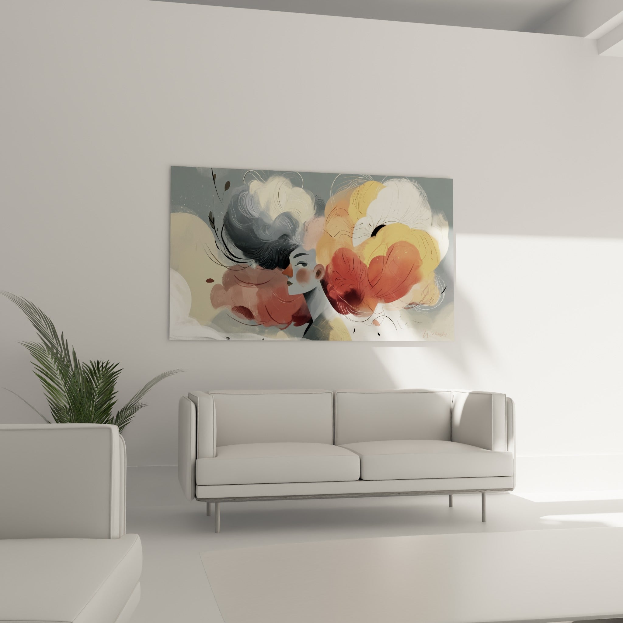 Silhouette gris bleuté aux nuances terracotta et crème, visage abstrait au-dessus d'un canapé dans un salon lumineux