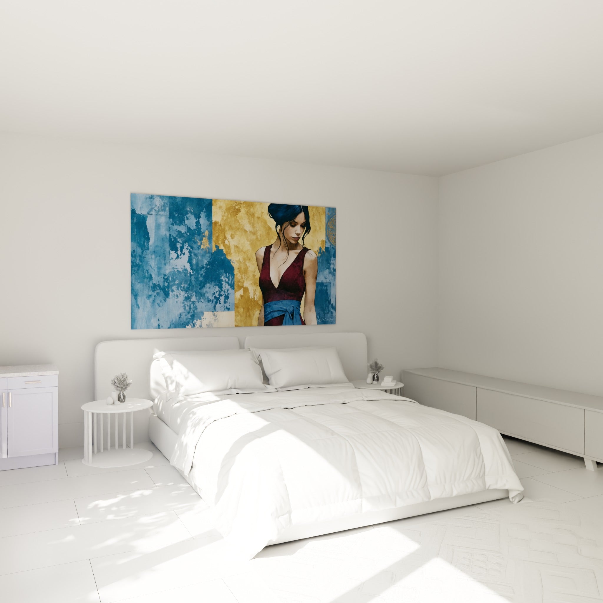 Silhouette pensive en robe bordeaux sur fond doré, tableau Visage abstrait au-dessus d'un lit dans une chambre claire