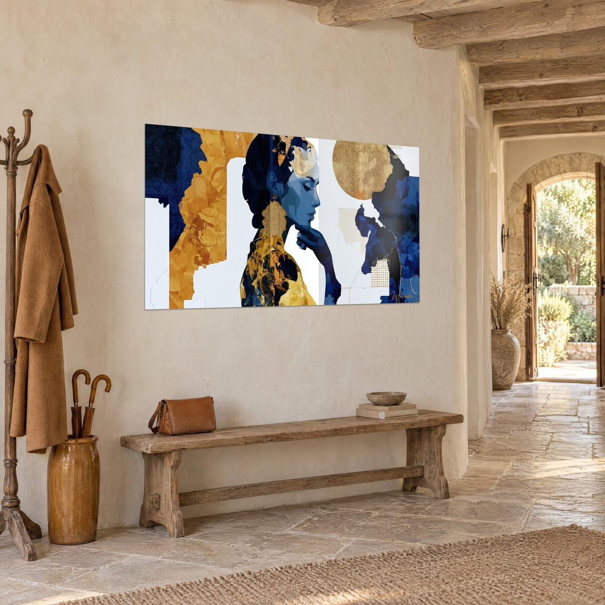 Wall art silhouette of a pensive woman, hand under her chin, flashes of gold and midnight blue, beige plastered wall of a stone house