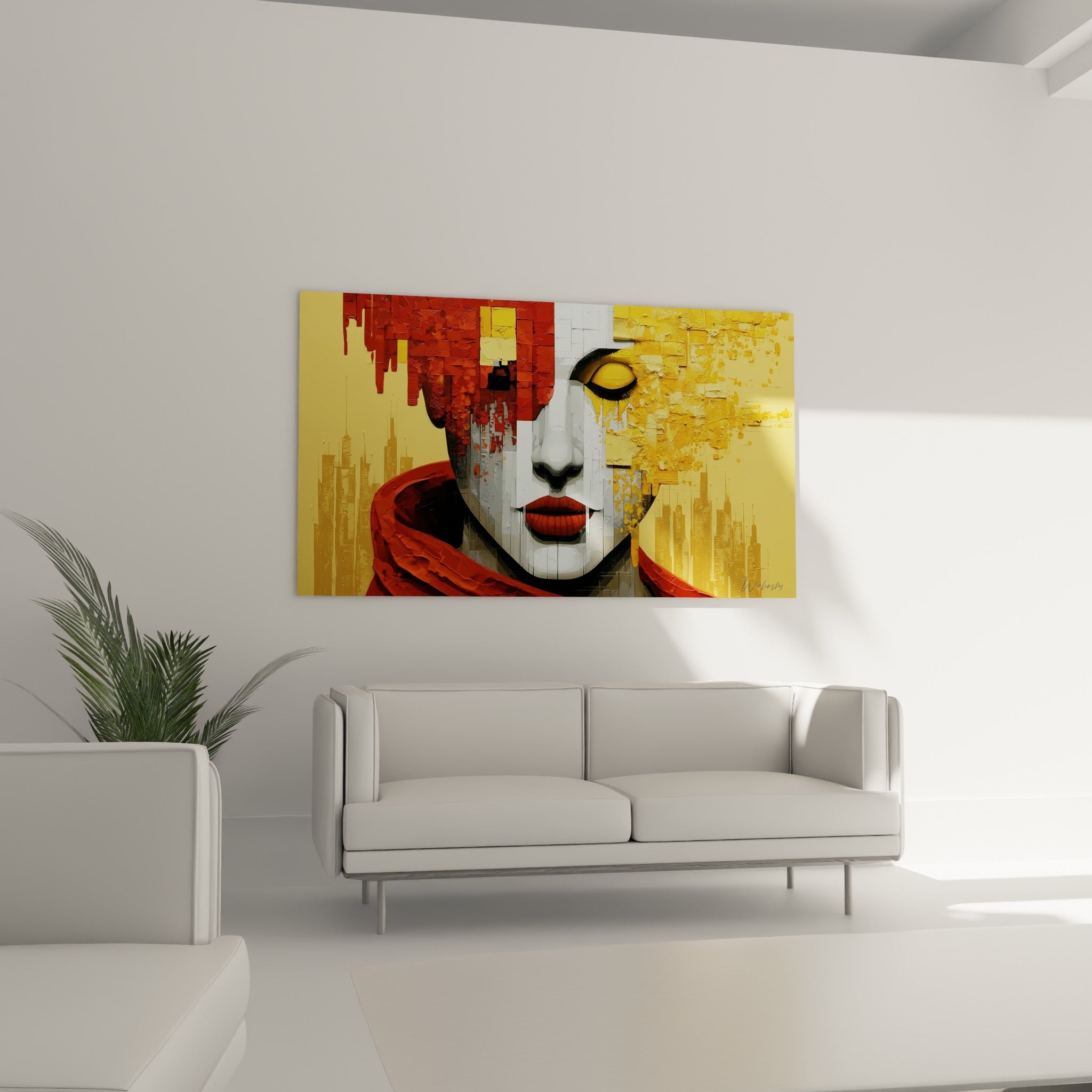 Femme aux yeux clos peinte en rouge vif et doré, Visage abstrait suspendu au-dessus d'un canapé dans un salon lumineux