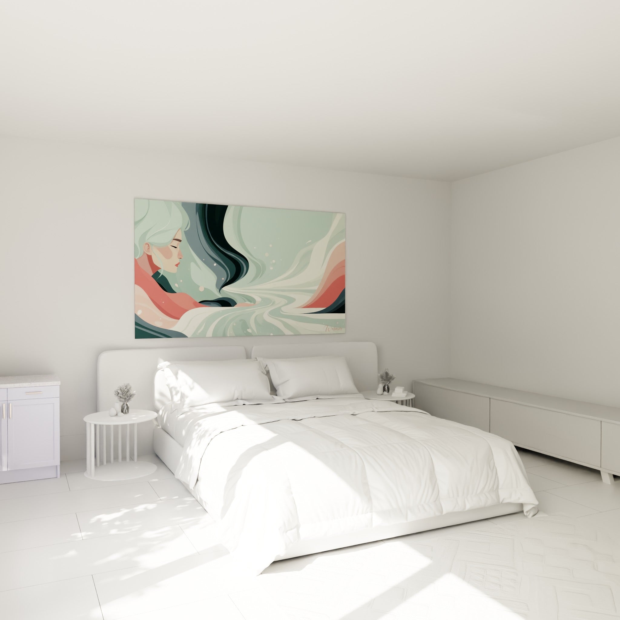 Silhouette au regard clos entourée de vagues vert sauge et corail au-dessus d'un lit dans une chambre claire