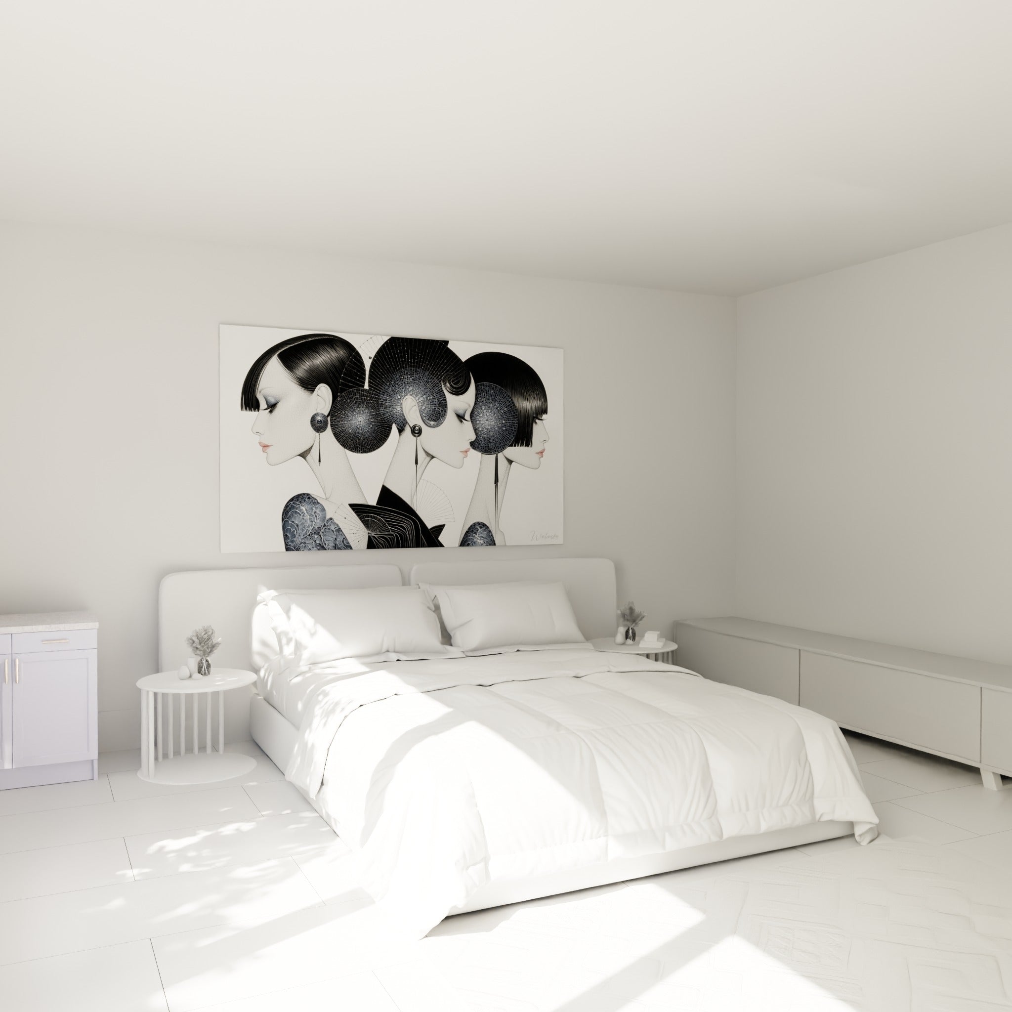 Visage abstrait aux trois silhouettes anthracite et blanc, au-dessus d'un lit dans une chambre claire