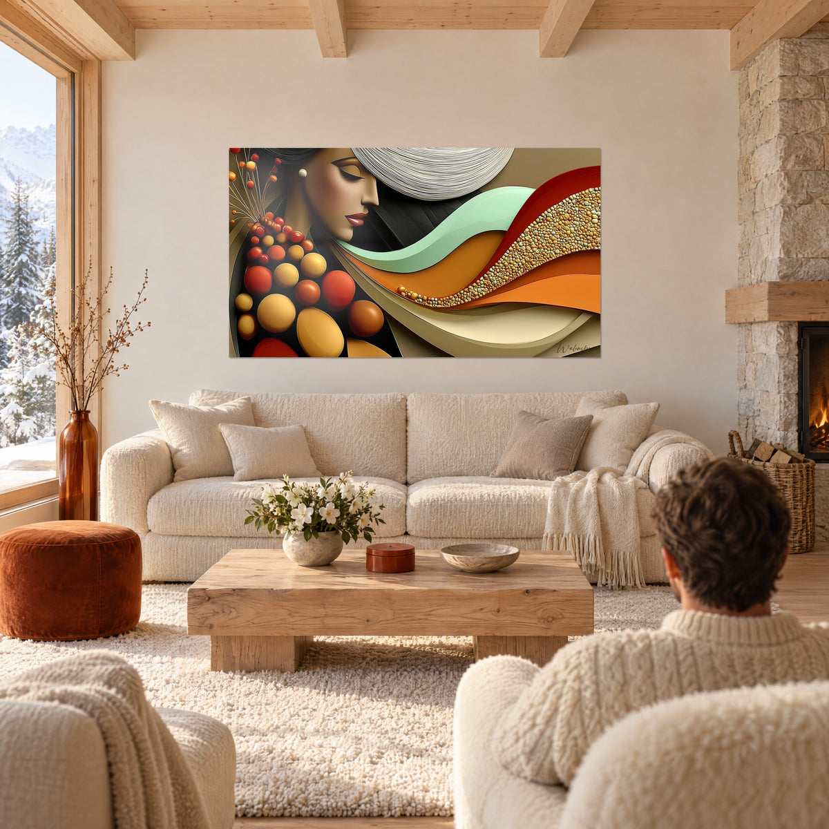 Wall art woman's face with closed eyelids, white ribbons, mint and orange waves, above a sofa in a bright living room