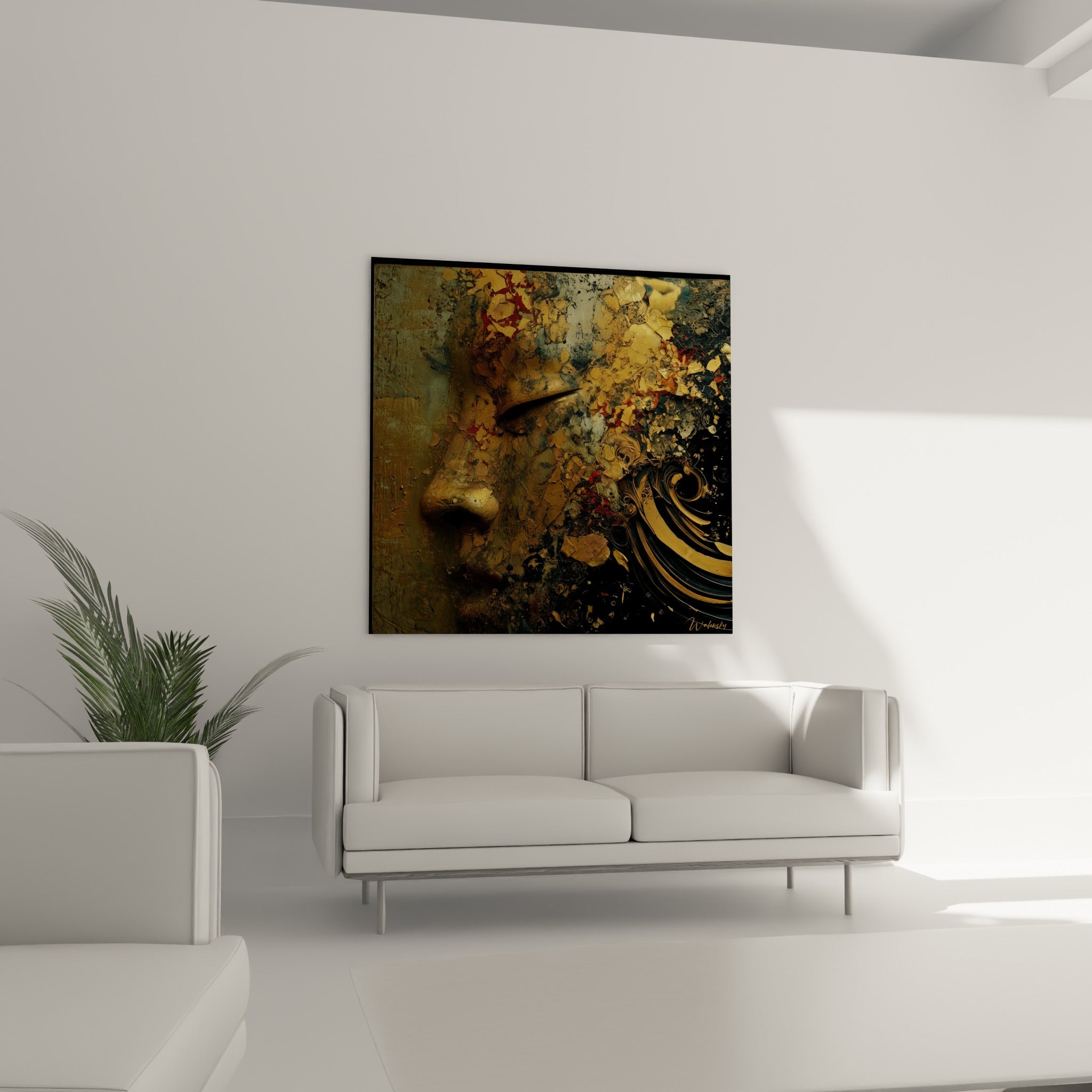 Profil texturé or et rouge sombre, tableau visage abstrait au-dessus d'un canapé dans un salon lumineux