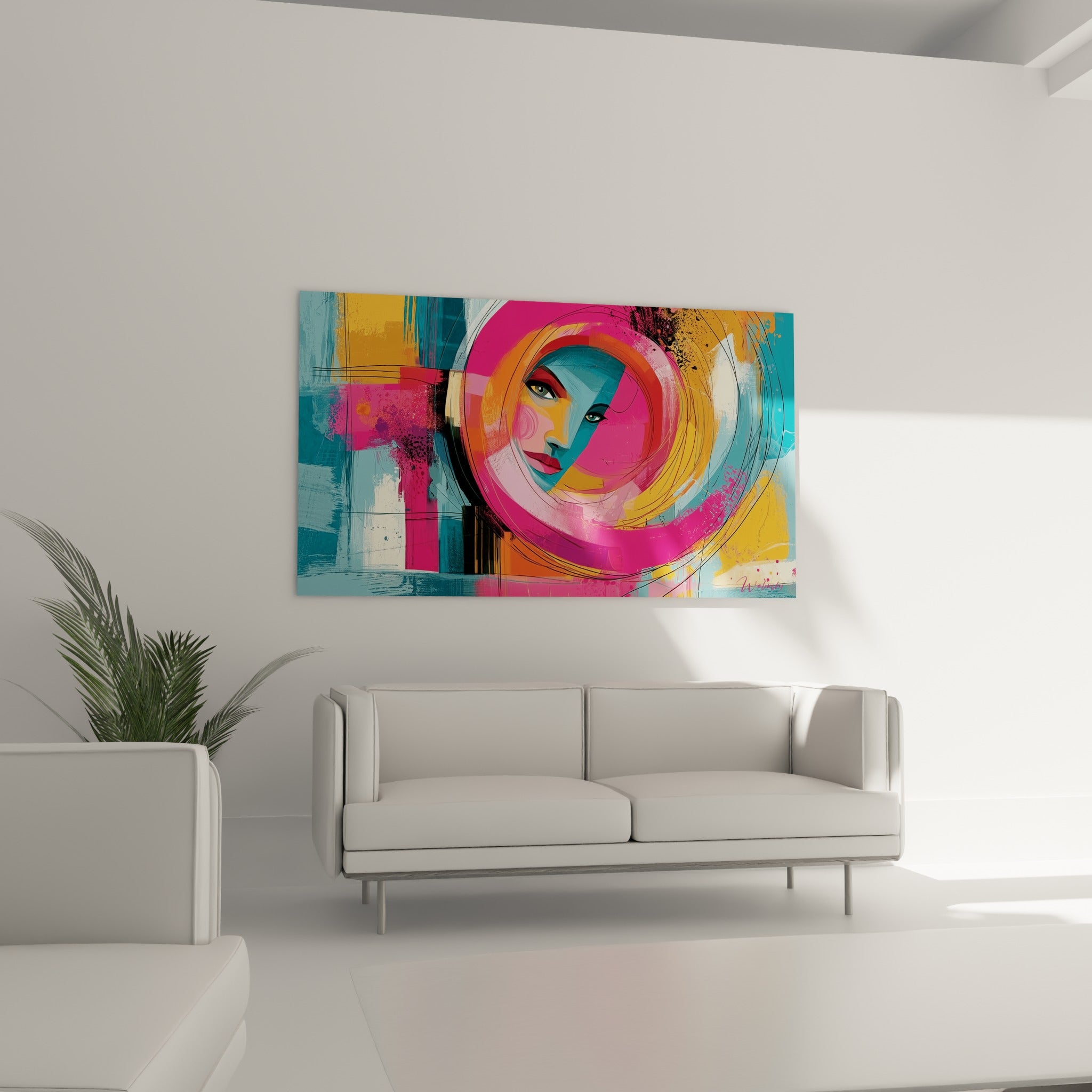 Regard captivant entre bleu pétrole et rose vif, tableau accroché au-dessus d'un canapé dans un salon lumineux