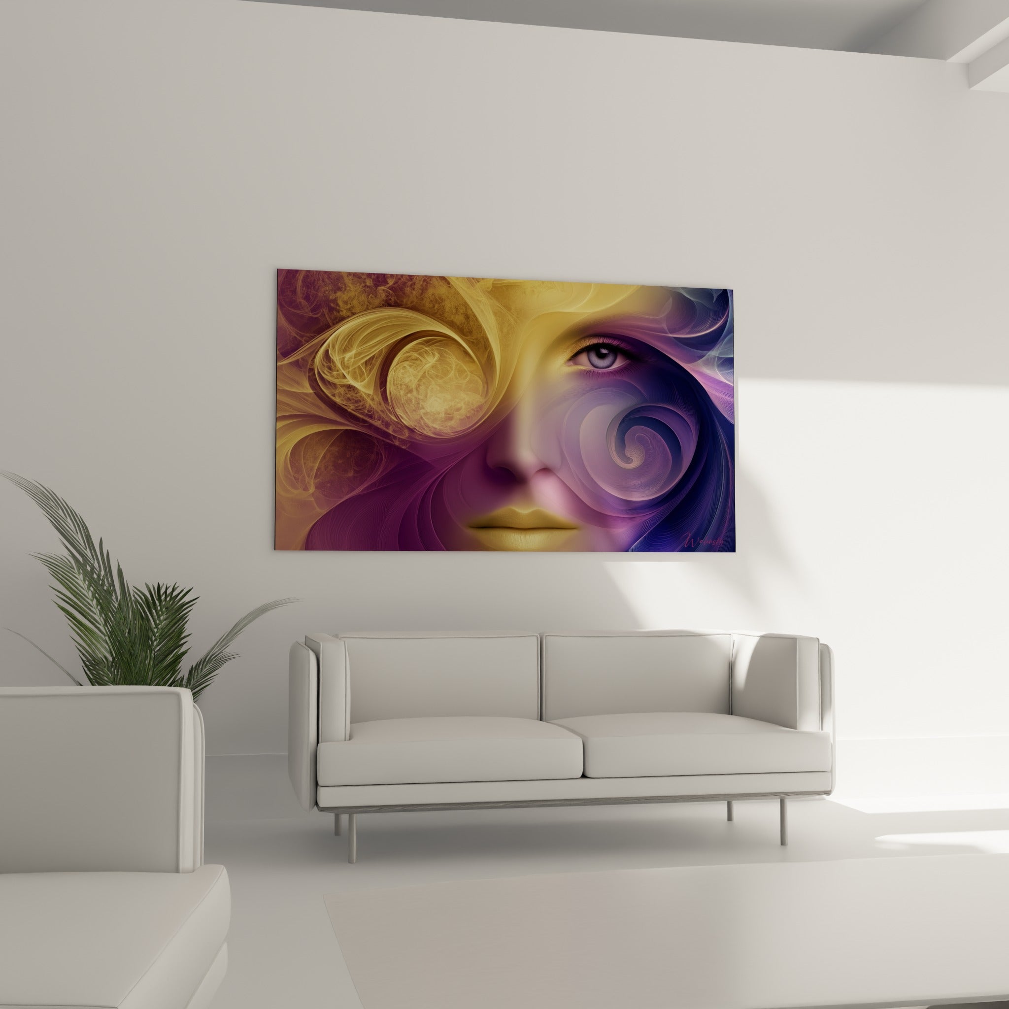 Regard bleu pastel émergeant de spirales dorées et violettes, au-dessus d'un canapé dans un salon lumineux
