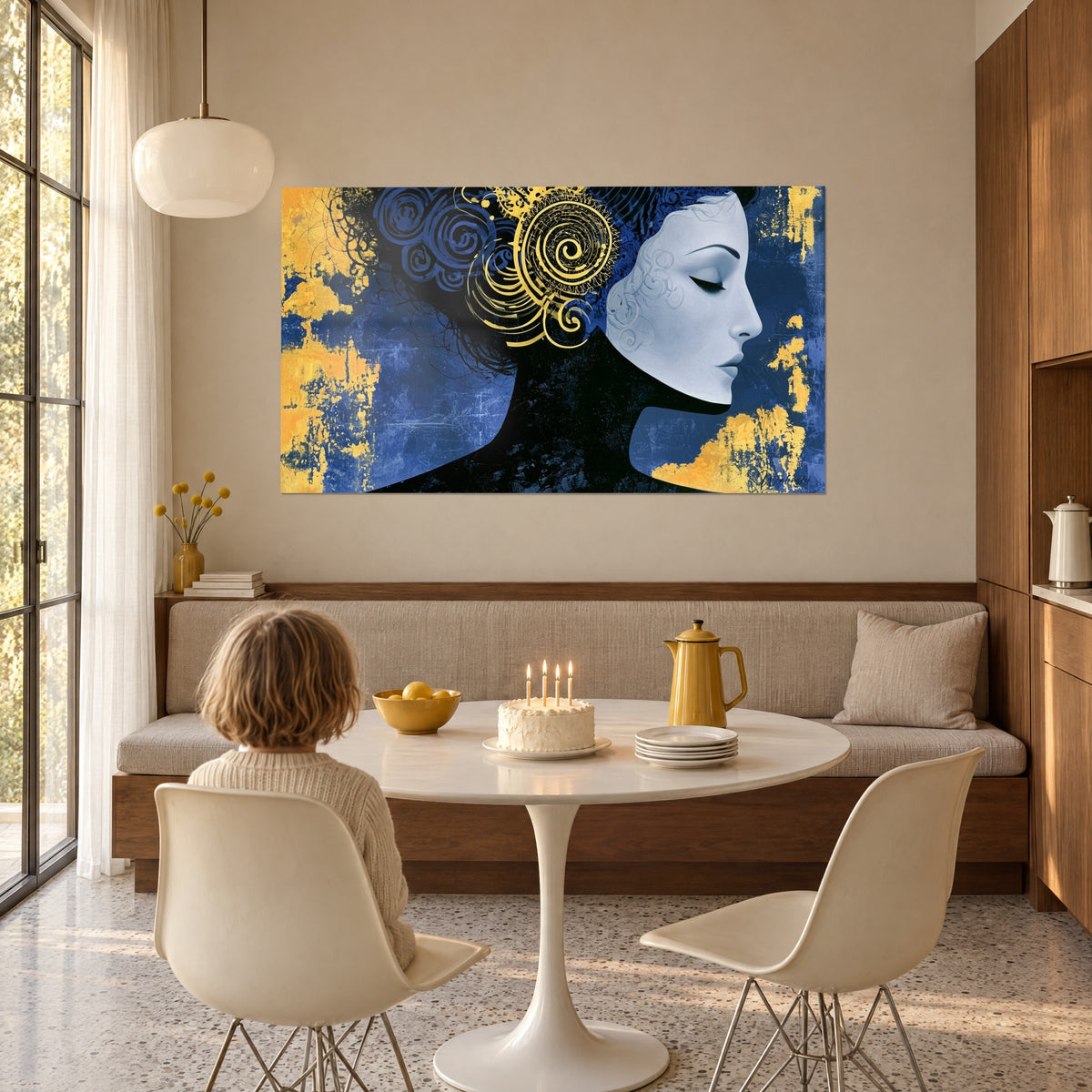 Schilderij gestileerde vrouwelijke figuur, fijne neus en neergeslagen blik, haar in blauwe en gouden spiralen, voor een gezin aan tafel in de woonkamer