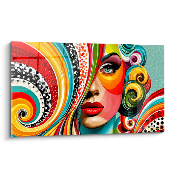 Tableau Visage rouge et turquoise aux spirales tourbillonnantes - Chevelure en volutes multicolores - Edition Visage abstrait