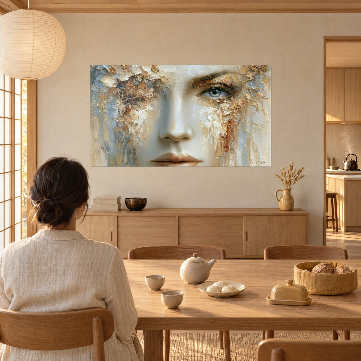 Quadro giovane donna dallo sguardo limpido, corona di fiori in rilievo crema e dorato, osservata da una donna di spalle accanto a un tavolo in legno