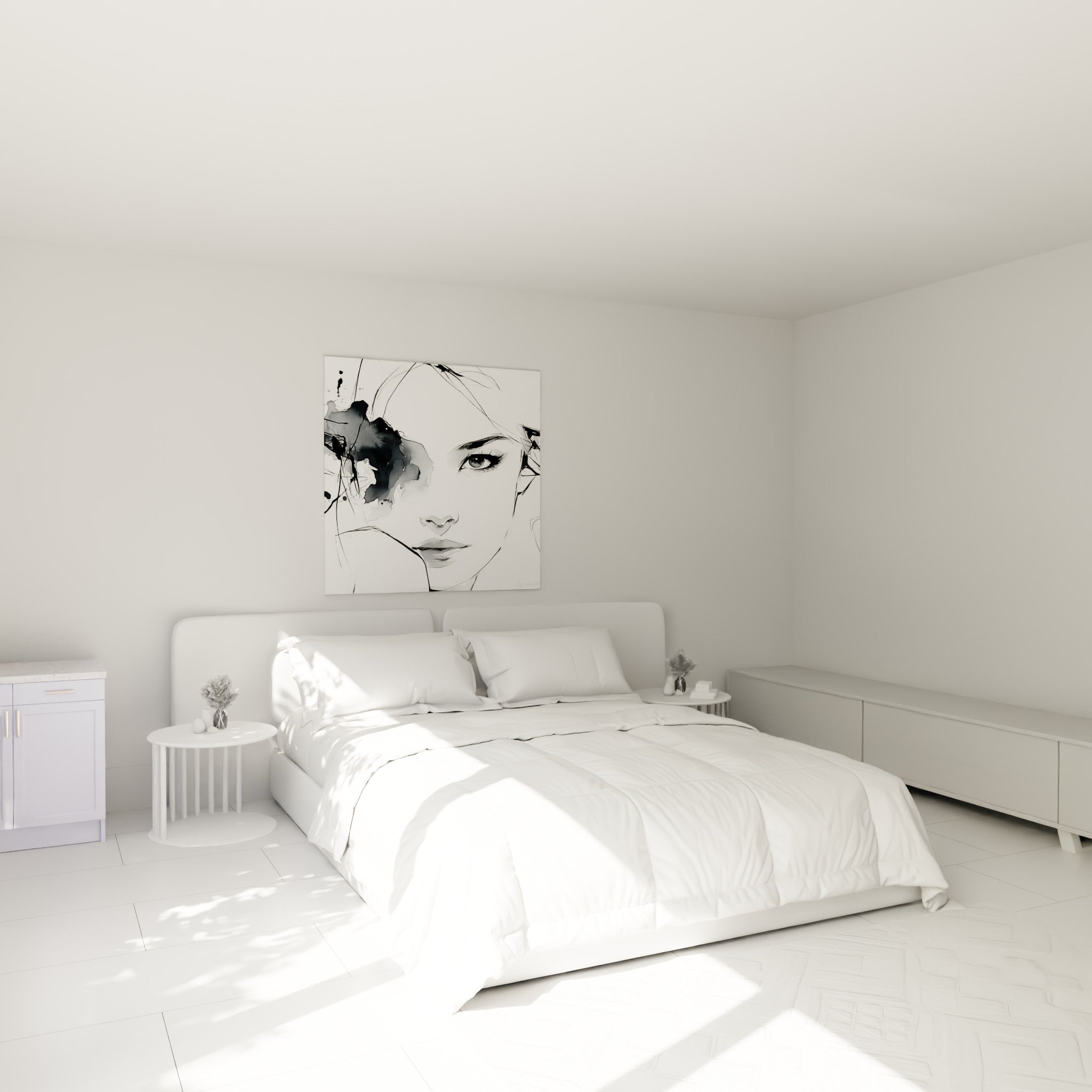 Portrait esquissé aux tons noirs et blancs, regard gris intense, au-dessus d'un lit dans une chambre claire