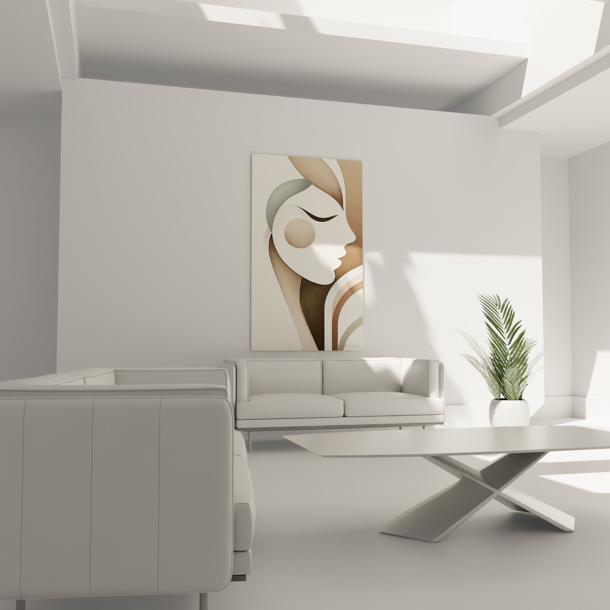 Profil abstrait taupe et doré aux lignes fluides installé au-dessus d'un canapé dans un salon lumineux