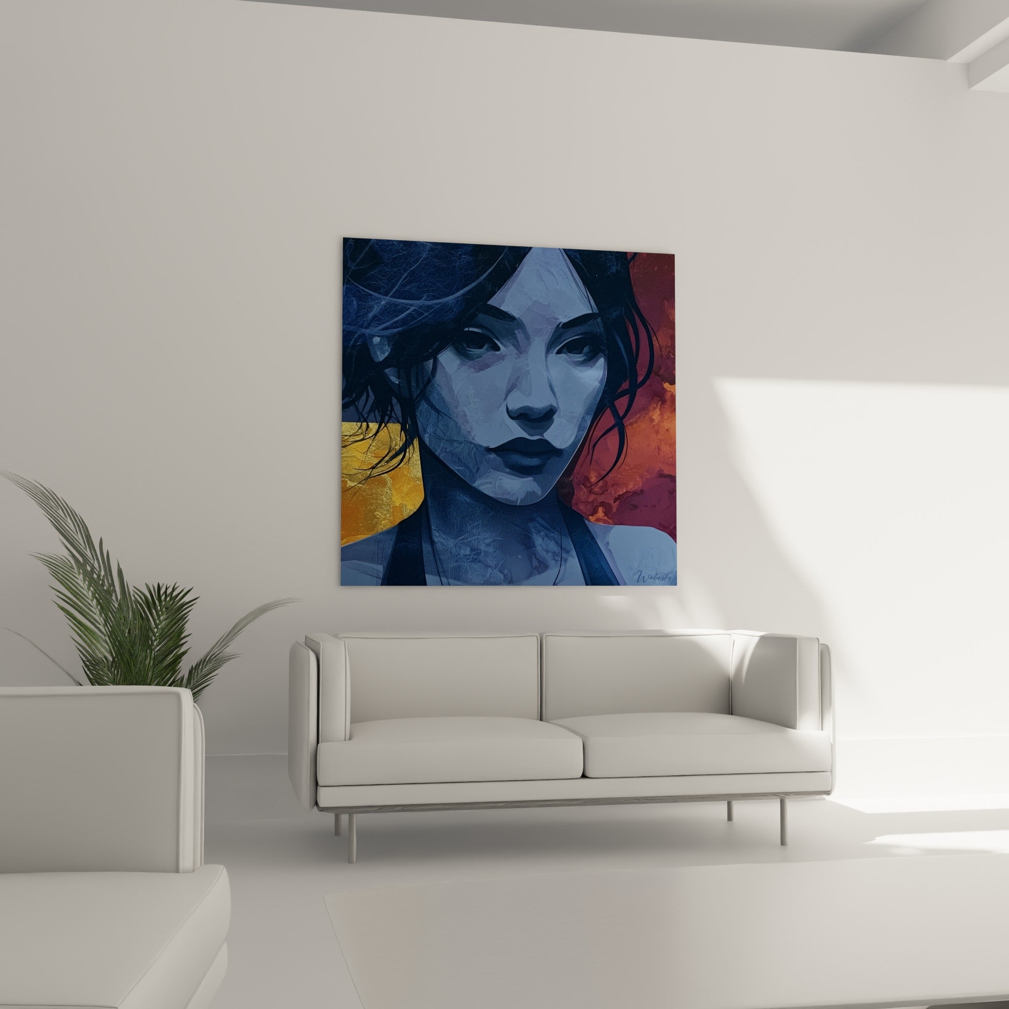 Visage abstrait terracotta et anthracite au regard perçant, suspendu au-dessus d'un canapé dans un salon lumineux