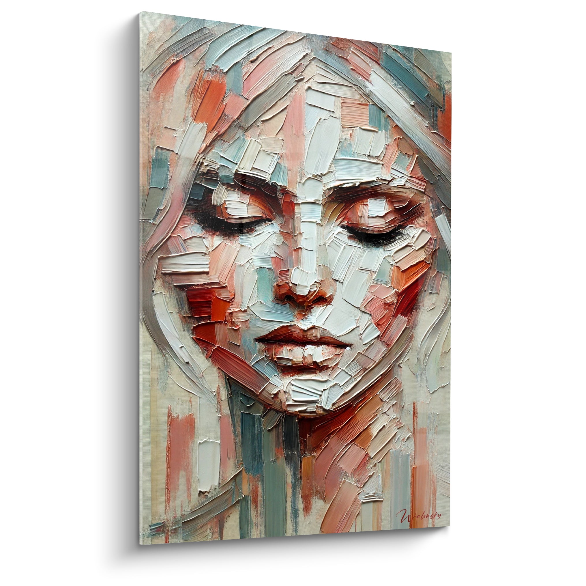 Portrait féminin aux yeux clos, empâtements terracotta et bleu sauge, tableau visage abstrait