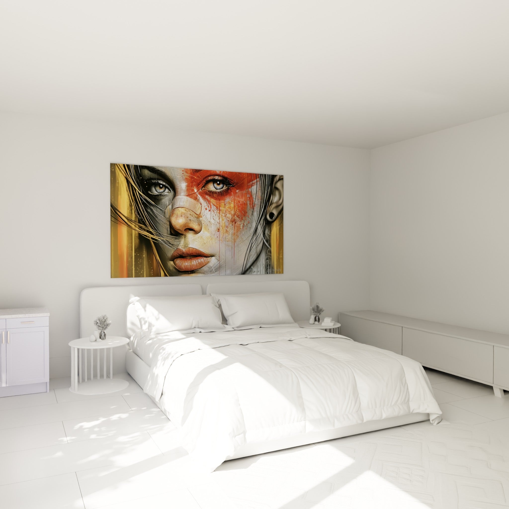 Portrait doré et rouge intense d'un visage abstrait, accroché au-dessus d'un lit dans une chambre claire