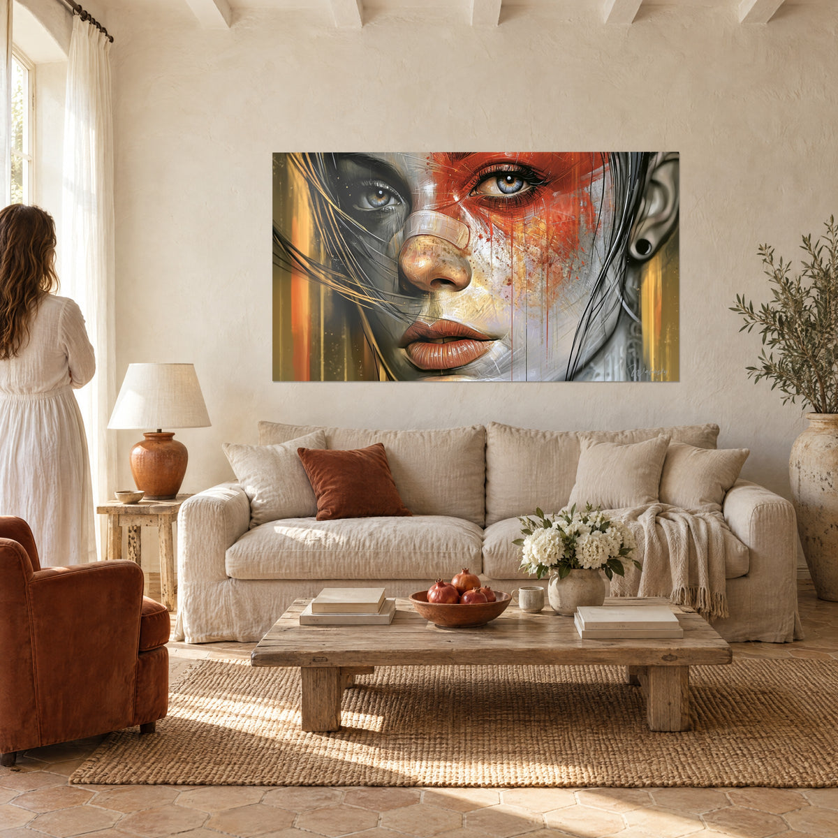Schilderij vrouwenportret met grijsblauwe ogen, wang gestreept in vermiljoen en goud, koppel van achteren boven een bank in een lichte woonkamer