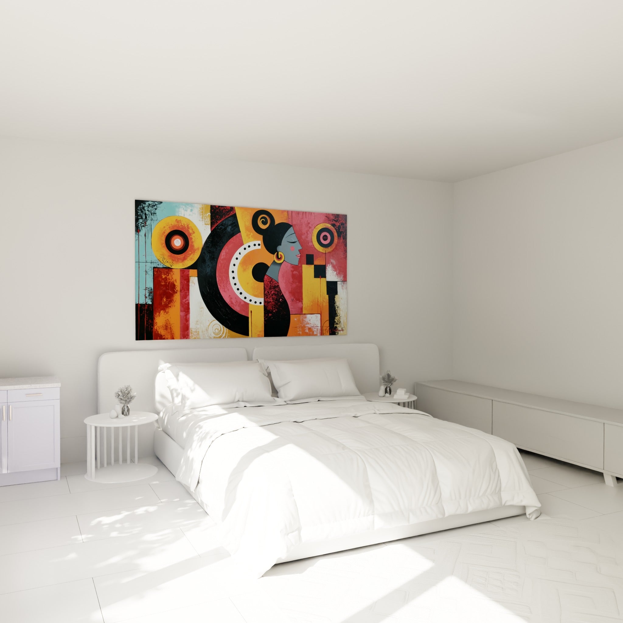 Profil gris du Visage abstrait entouré de cercles dorés et terracotta, au-dessus d'un lit dans une chambre claire