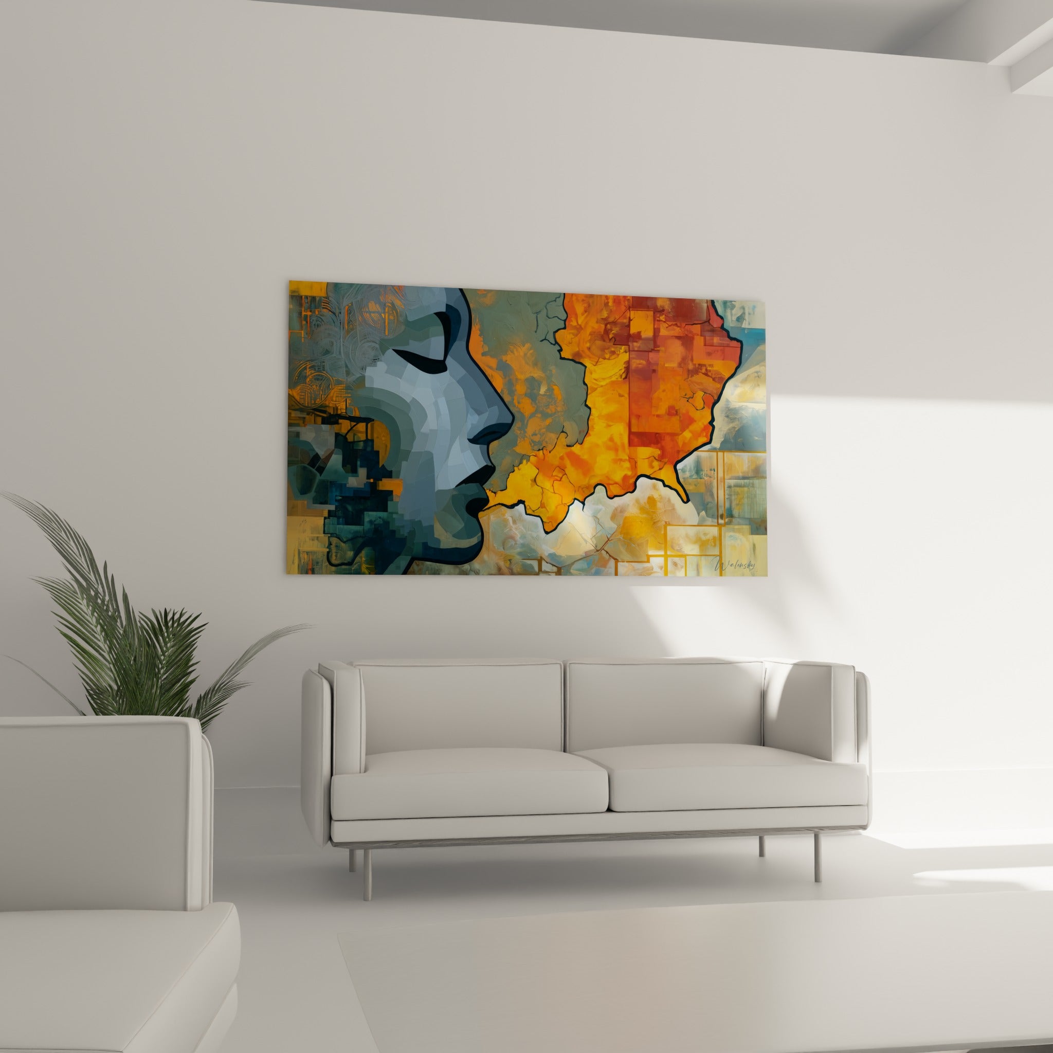 Contraste bleu ardoise et terracotta du visage abstrait au-dessus d'un canapé dans un salon lumineux