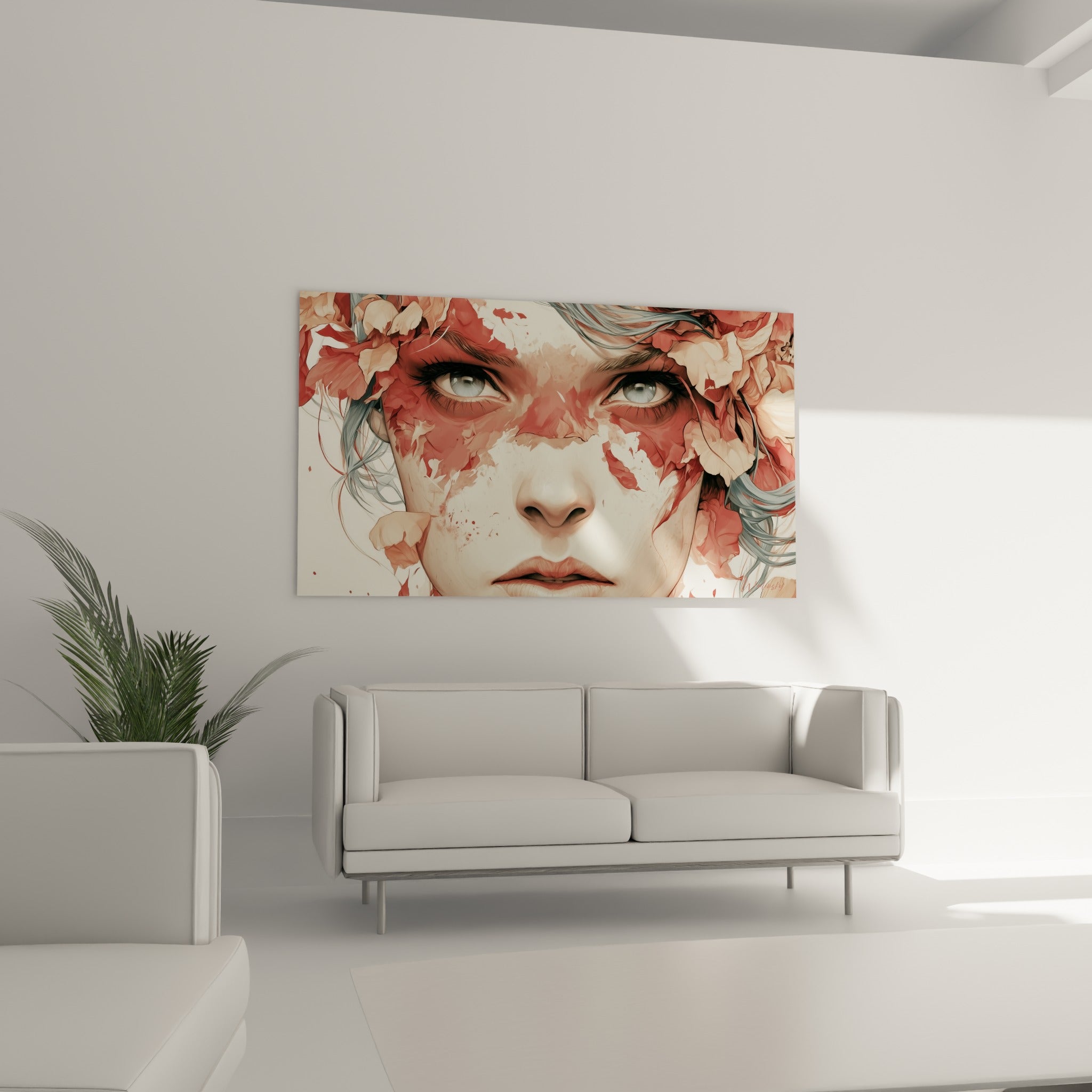 Regard bleu intense sous des pétales corail et gris-bleu, tableau visage abstrait au-dessus d'un canapé dans un salon lumineux