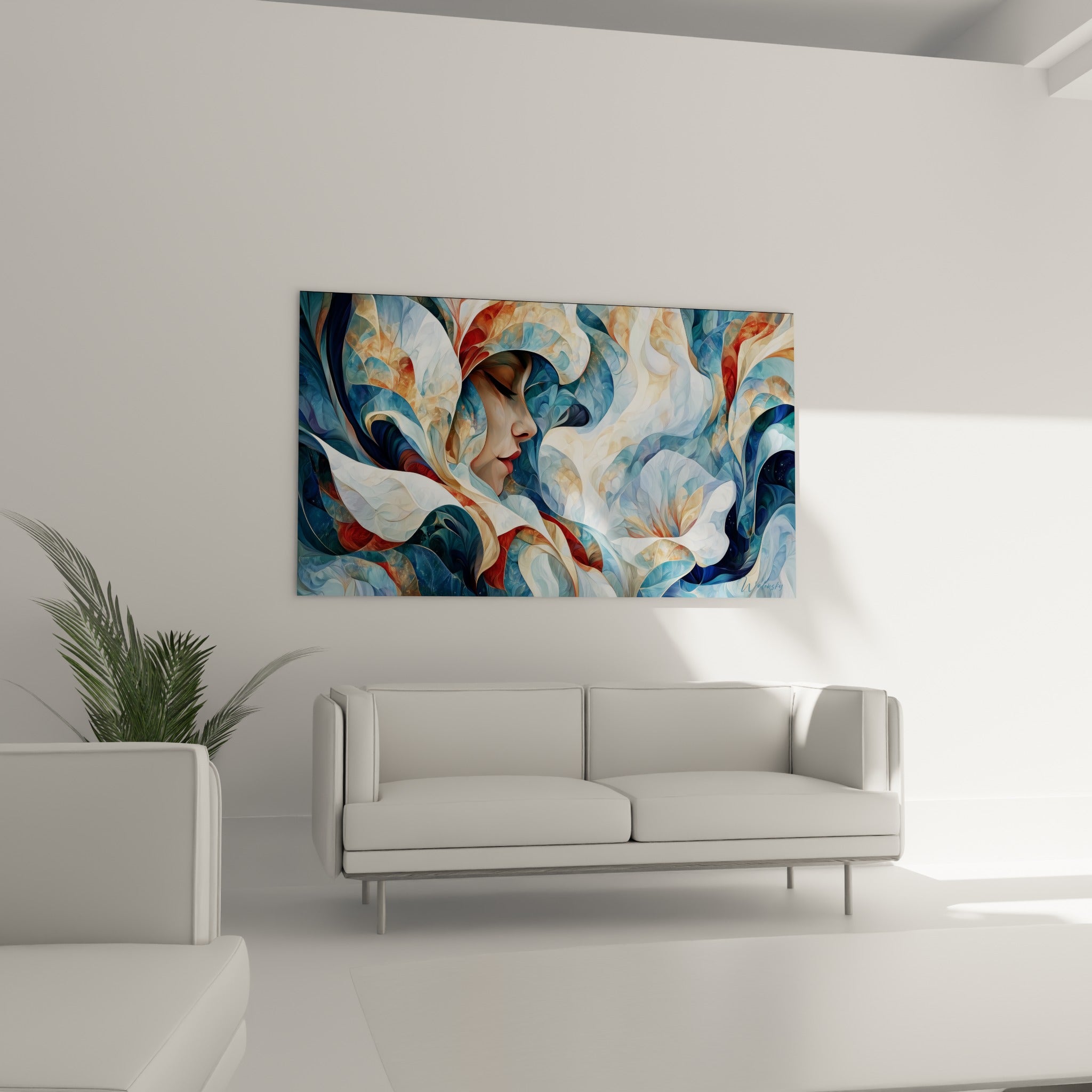 Silhouette apaisée aux courbes bleu marine et terracotta, formes de pétales enlacées, au-dessus d'un canapé dans un salon lumineux