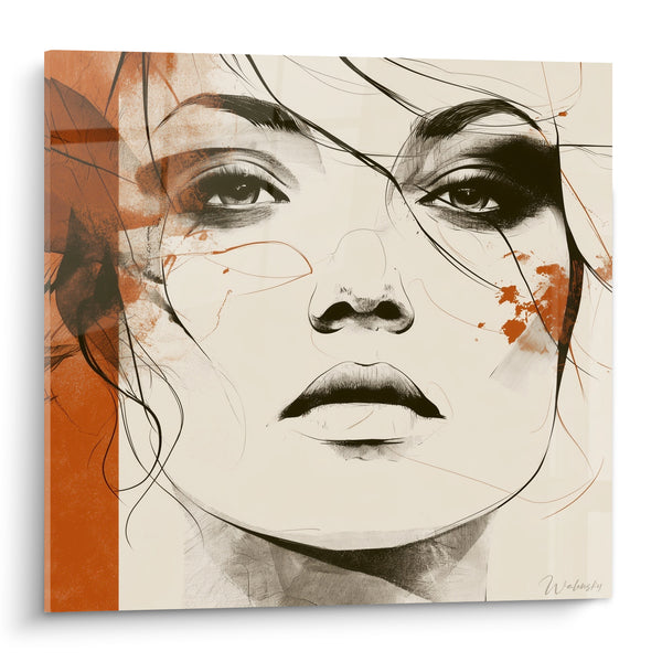 Tableau Visage ivoire et orange aux éclaboussures rouille - Bande verticale orangée - Edition Visage abstrait