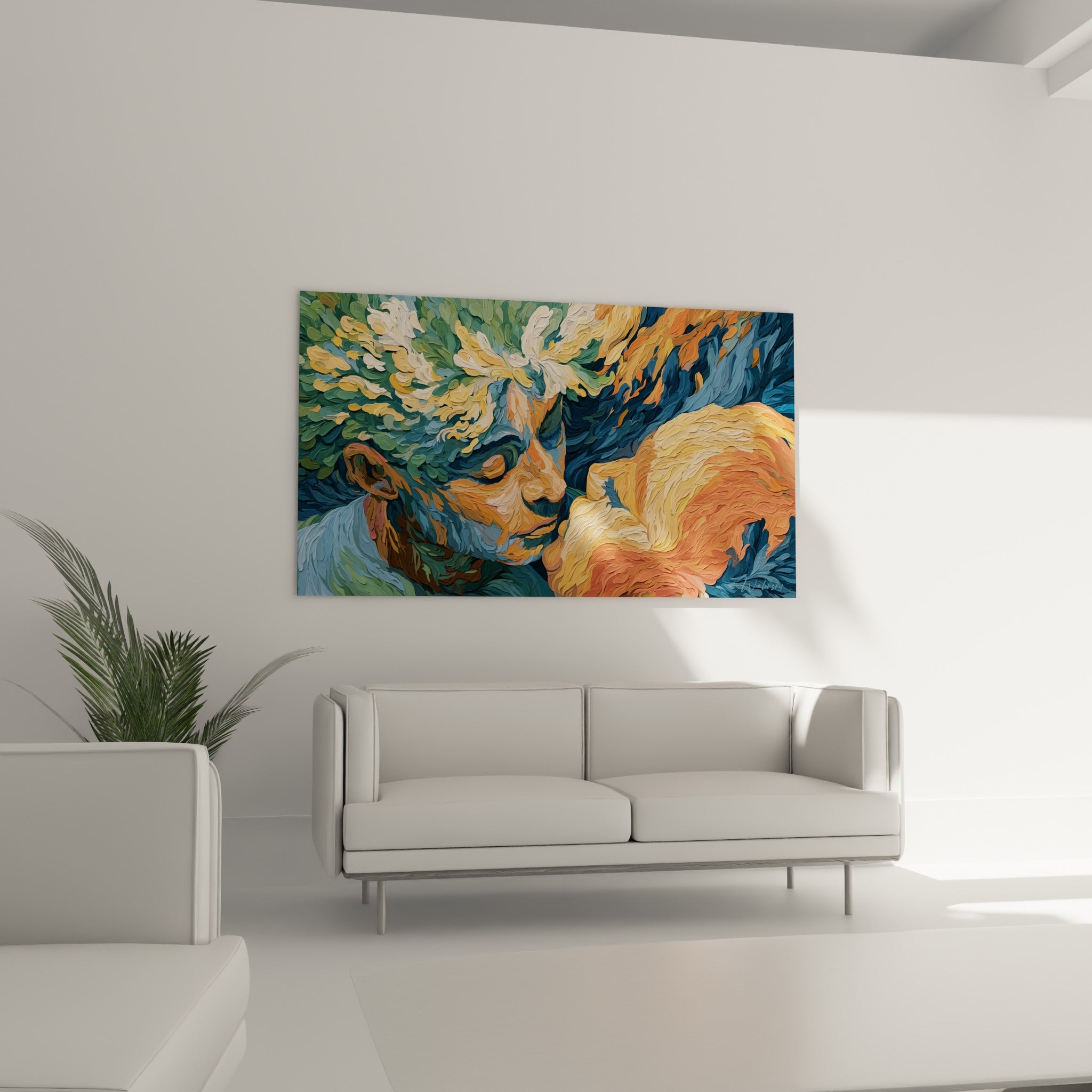 Étreinte peinte en bleu pétrole et terracotta, Visage abstrait au-dessus d'un canapé dans un salon lumineux