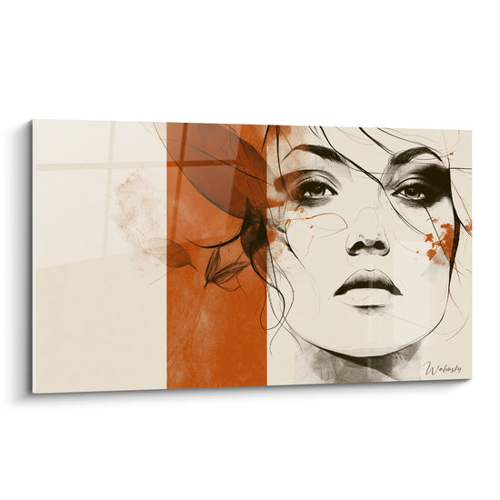 Visage abstrait au trait noir sur fond crème et terracotta, feuillage esquissé et regard levé