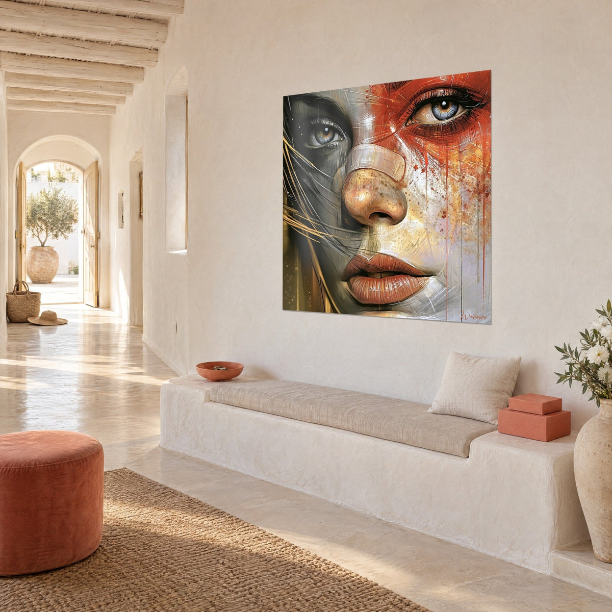 Gemälde abstraktes Gesicht mit durchdringendem Blick, kupferfarbene Wangenknochen und aprikosenfarbene Lippen, an einer weißen Wand eines mediterranen Hauses