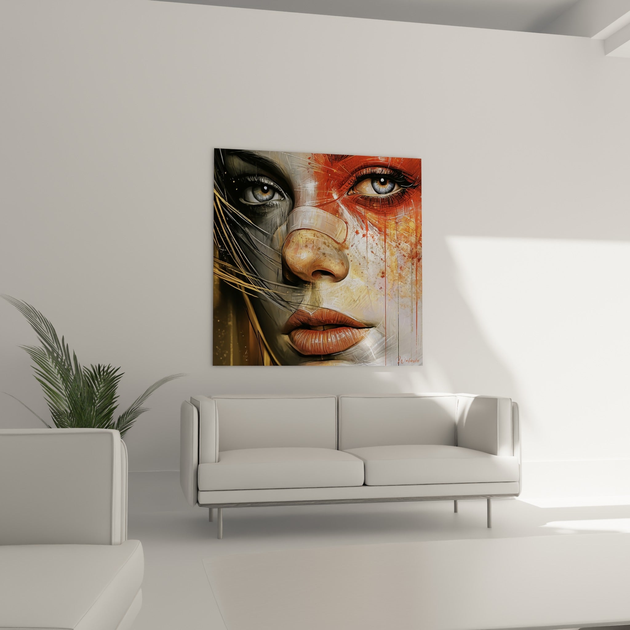 Visage terracotta et gris fusain aux lèvres cuivrées, suspendu au-dessus d'un canapé dans un salon lumineux