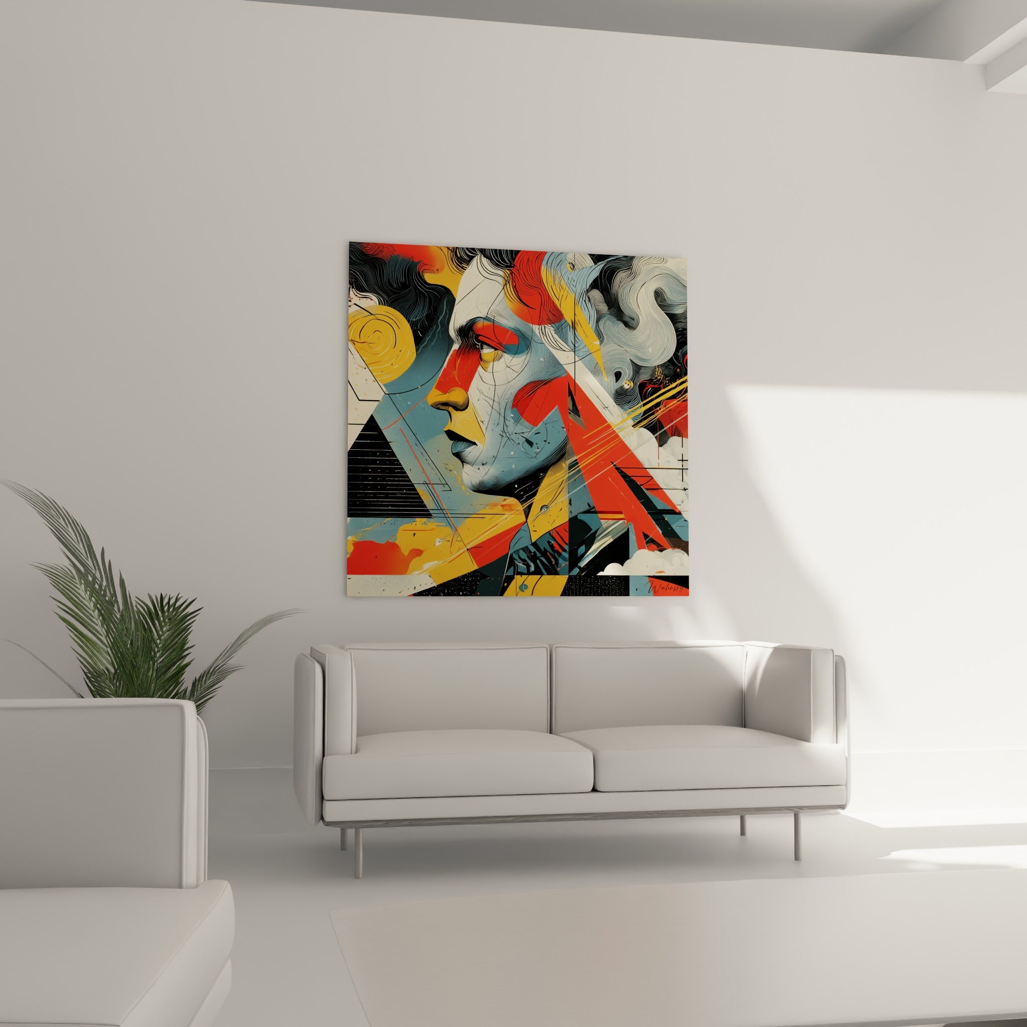 Profil fragmenté aux tons ocre et terracotta, éclats géométriques noirs, au-dessus d'un canapé dans un salon lumineux