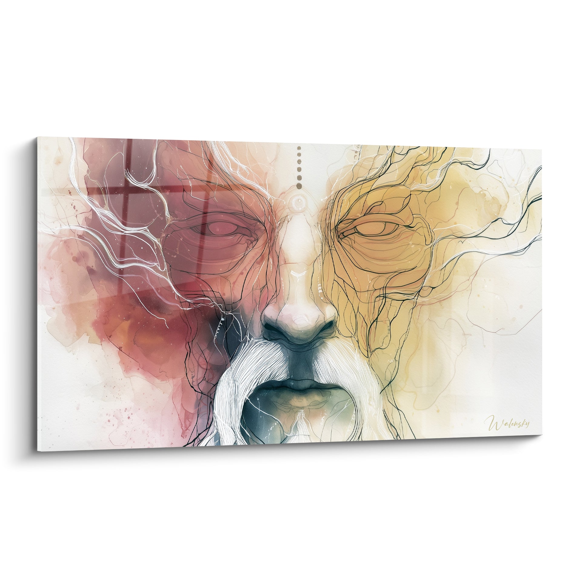 Visage abstrait aux tons terracotta et ocre, moustaches blanches, trait fin à l'encre sur fond clair