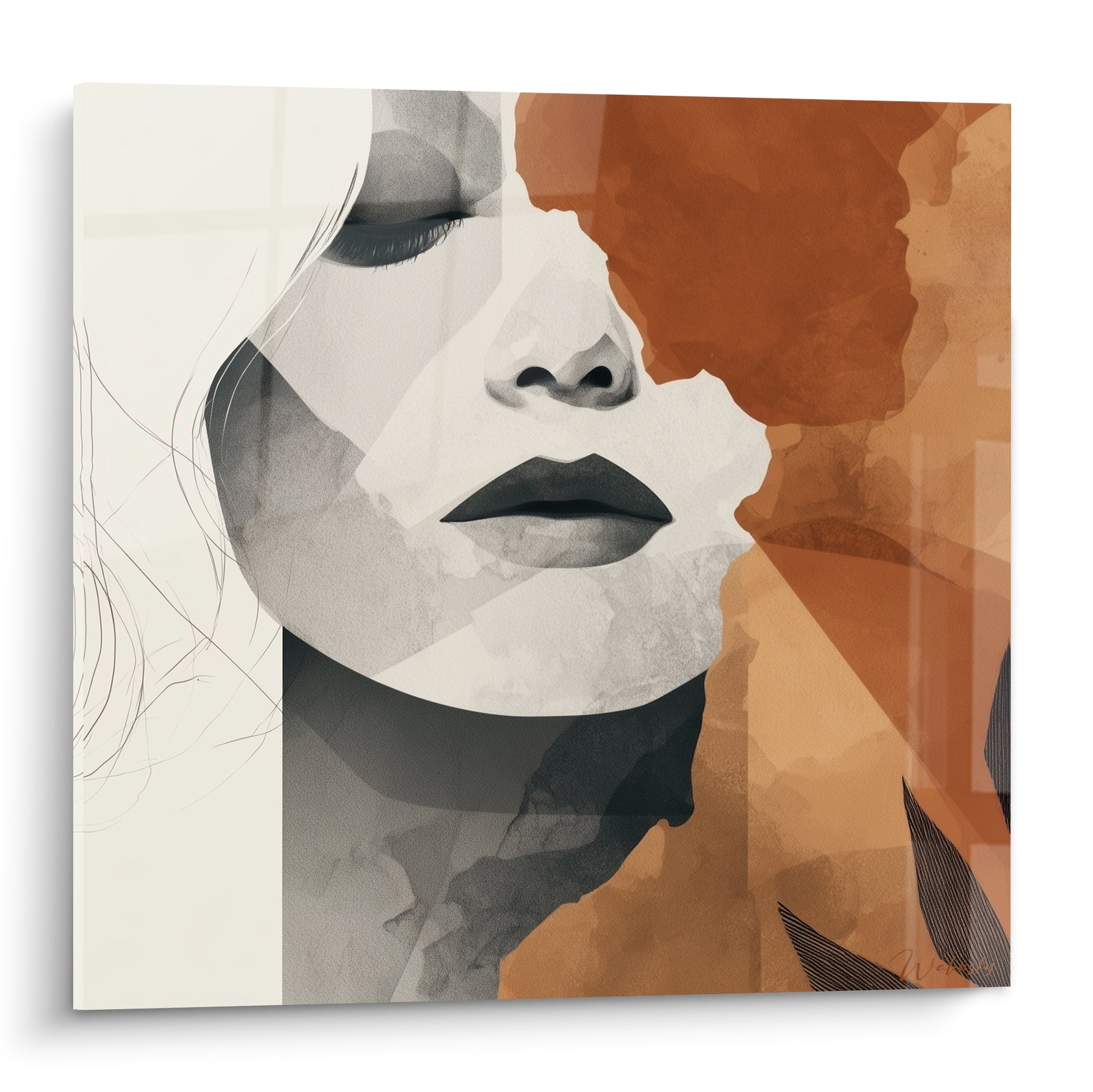 Visage abstrait aux yeux clos, teintes gris et terracotta, style graphique mêlant dessin et aplats colorés