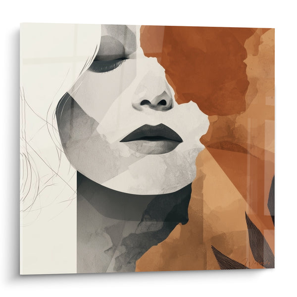 Tableau Visage aux yeux clos gris et terracotta - Pause intérieure - Edition Visage abstrait