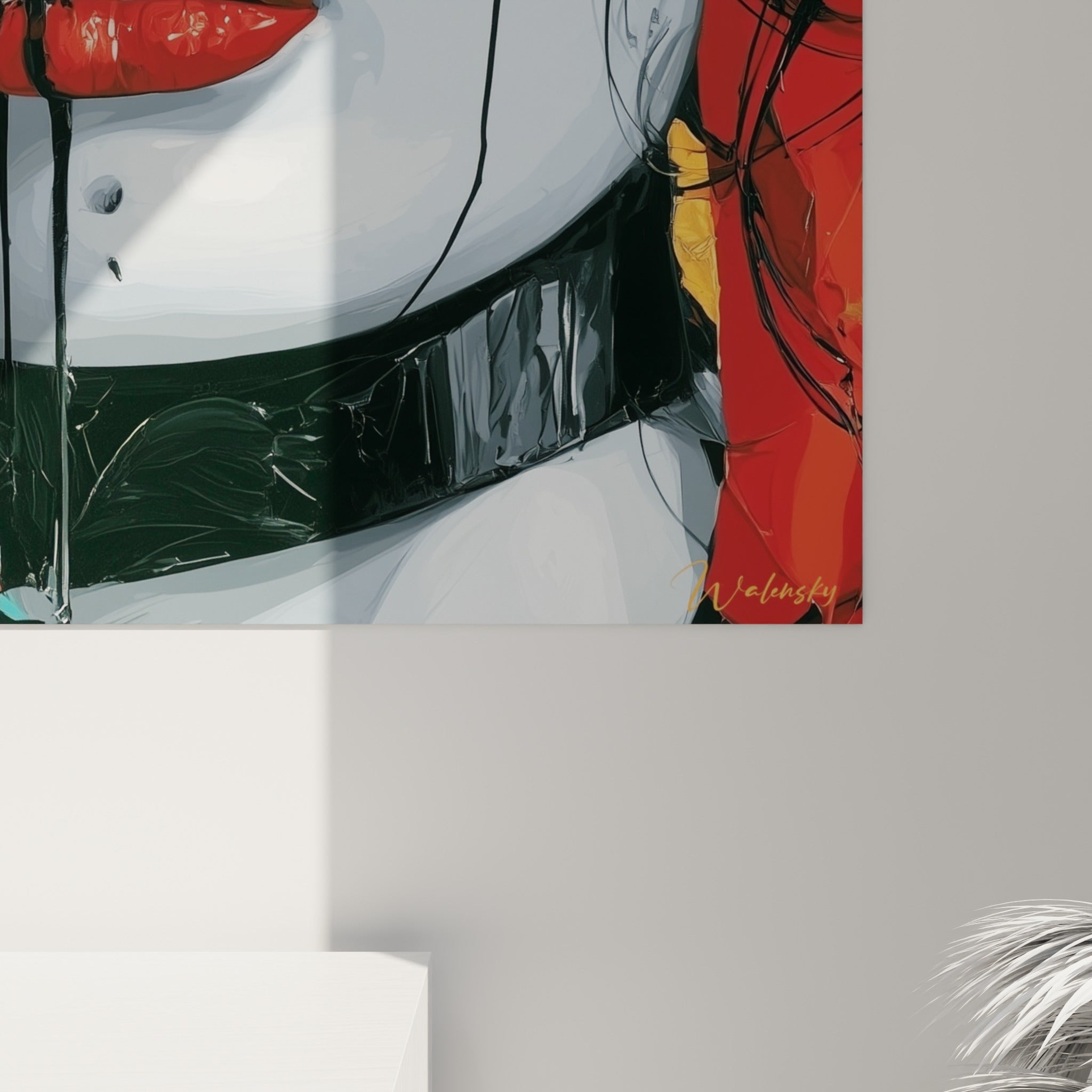 Empâtements dorés et coulures noires se mêlant au gris anthracite près des lèvres rouges du portrait