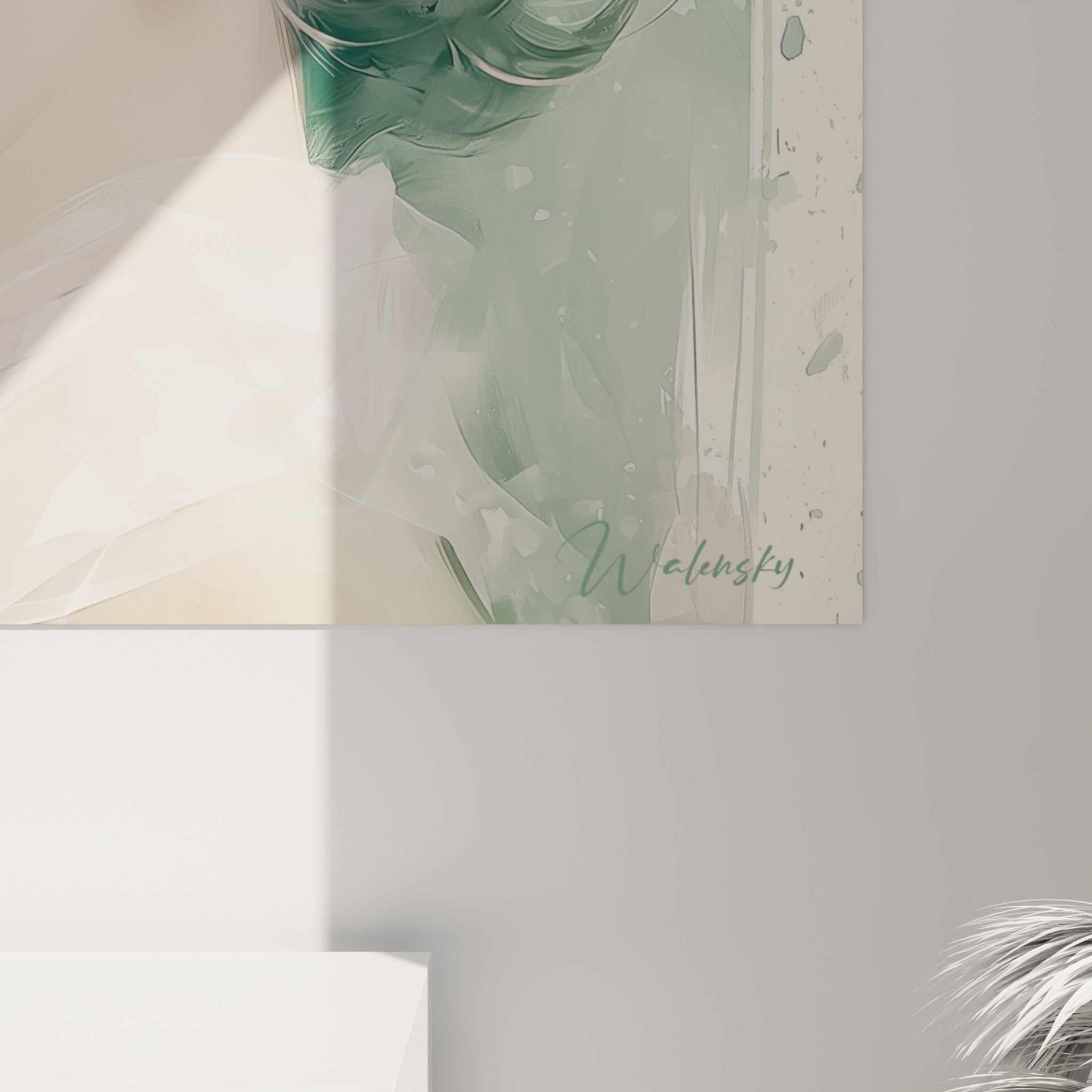 Grain aquarelle du Visage abstrait révélant coulures terracotta et mèches vert émeraude entrelacées de blanc