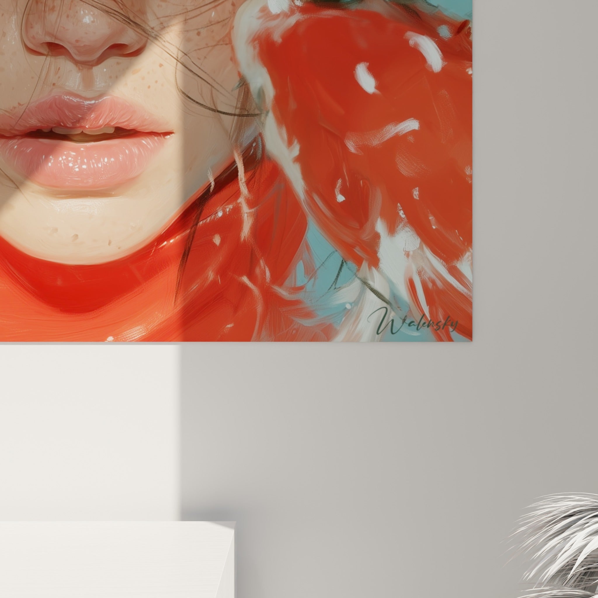 Matière picturale du Visage abstrait révélant textures d'eau turquoise et écailles rouge orangé en gros plan