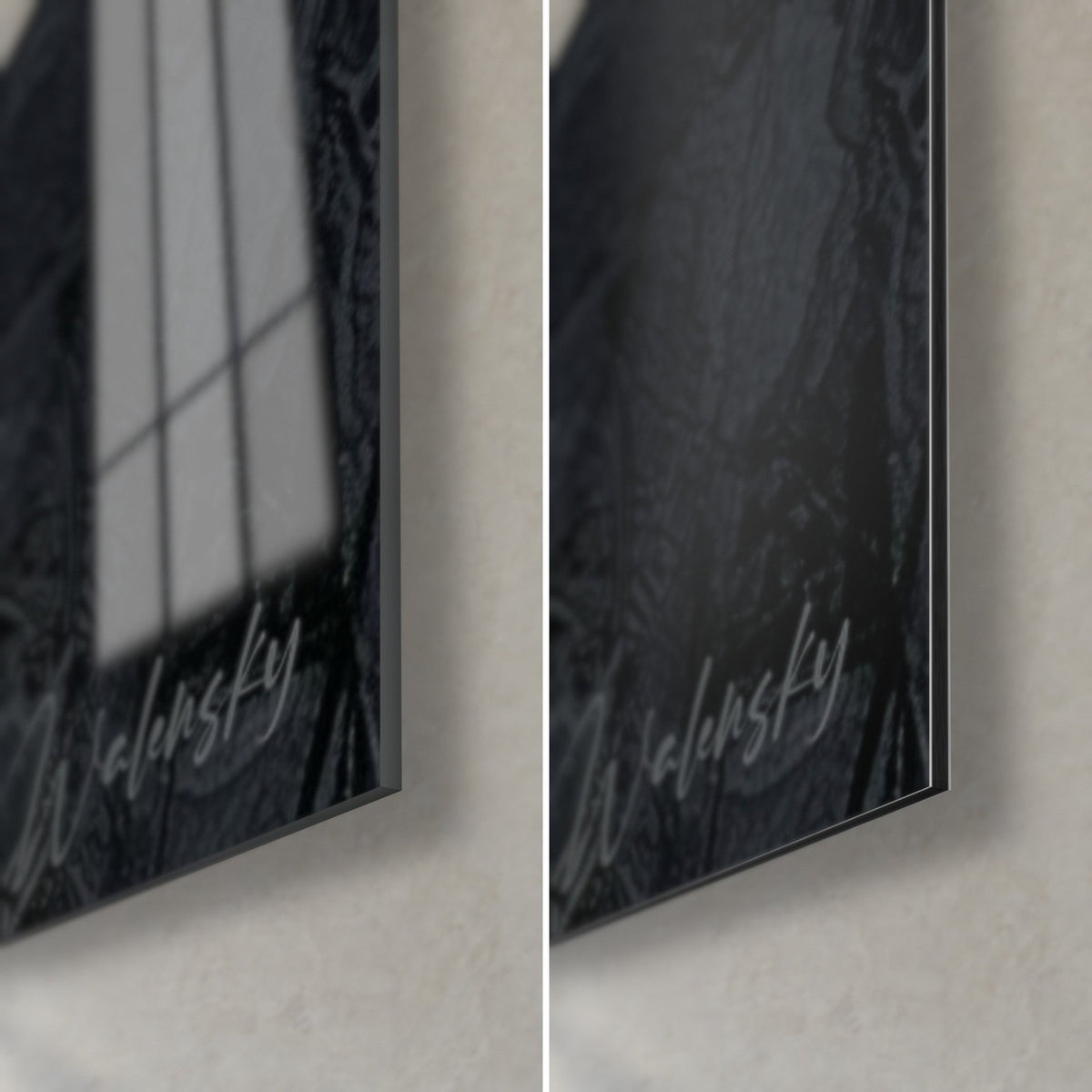 Schilderij vrouw met zwarte hoed, rechtsonder: glanzend glas links, mat Dibond rechts, zilveren signatuur, 3 mm dikte