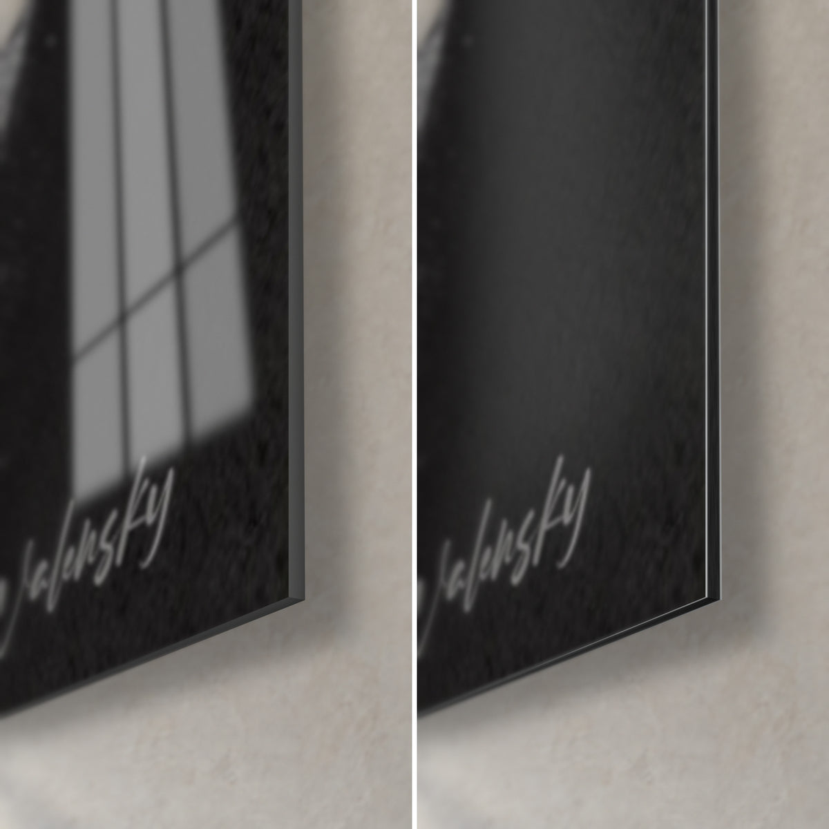 Schilderij profiel van een vrouw in zwarte en witte inkt, rechtsonder: glanzend acrylglas dat het raam weerspiegelt, mat Dibond-aluminium, dunne rand