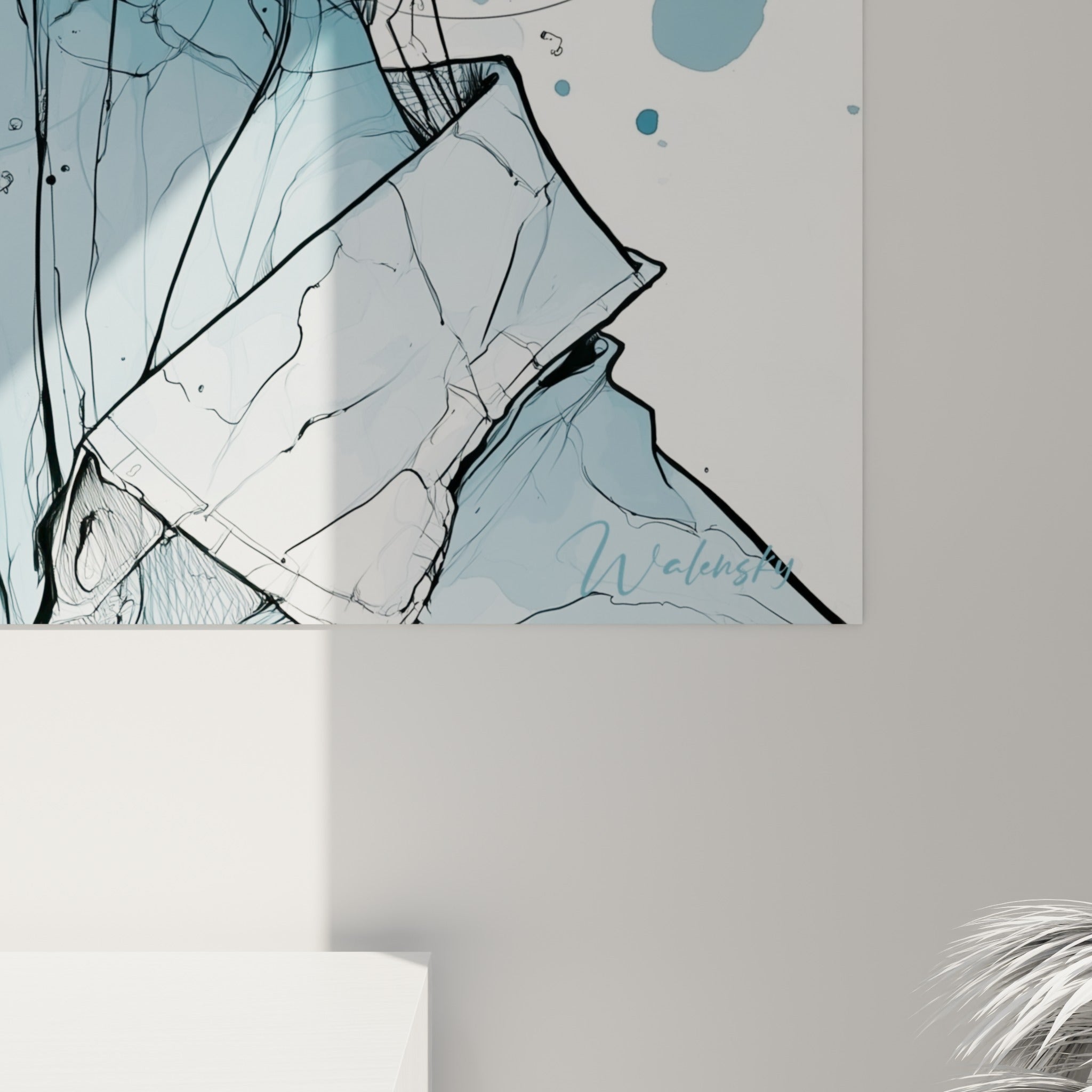 Grain de l'aquarelle bleu ciel visible de près, coulures fines et lignes noires entrelacées sur la toile