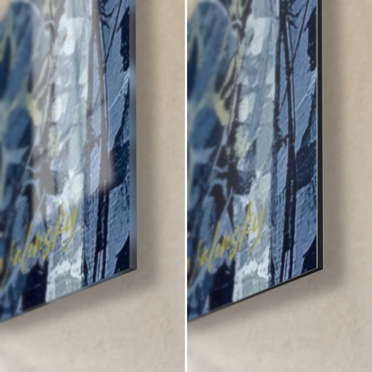 Schilderij abstract vrouwengezicht, rechtsonder: glanzend acrylglas in nachtblauw en geel links, mat Dibond rechts, rand van 3 mm