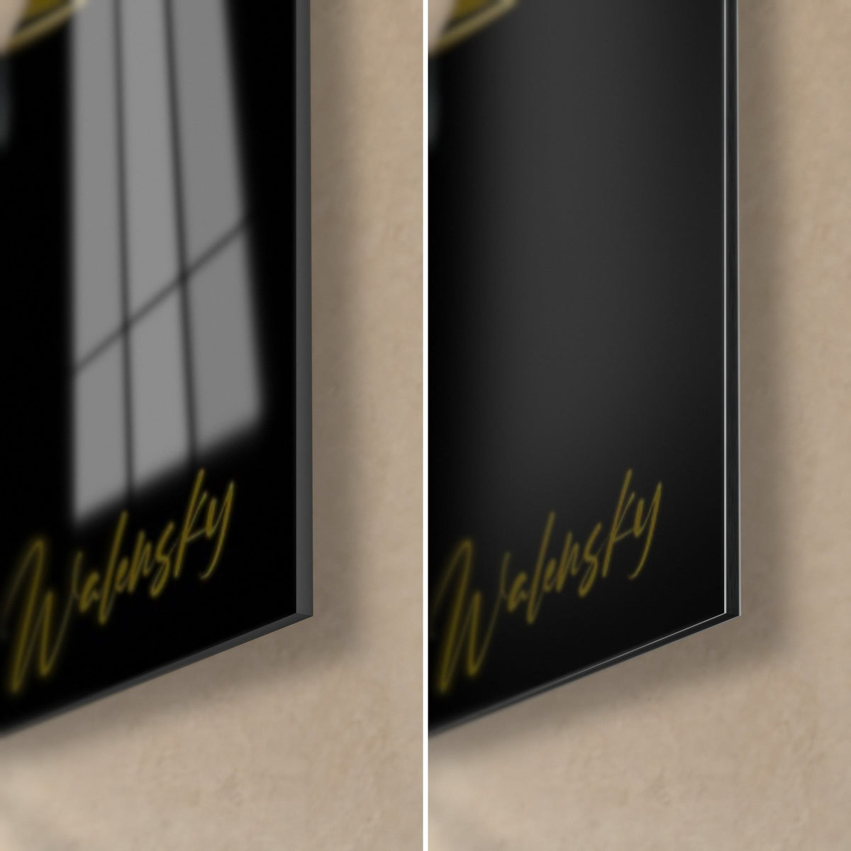Wall art split face in yellow and black, bottom right corner: glossy acrylic glass on the left, matte Dibond on the right, 3 mm edge