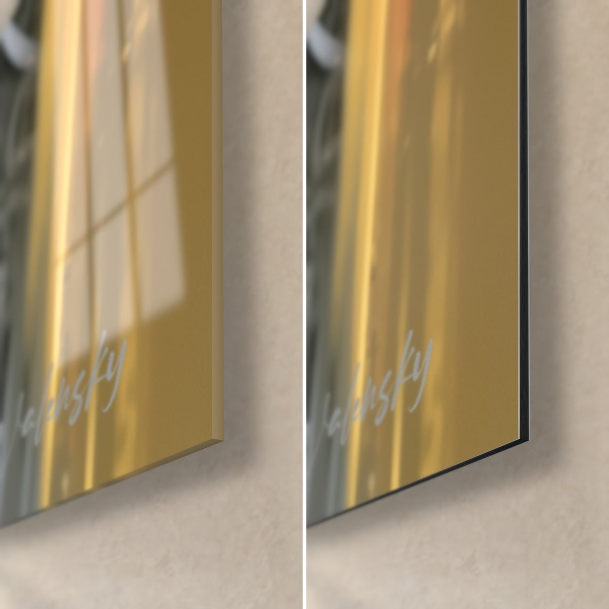 Schilderij blik van een vrouw in rood en goud, rechterhoek onder: glanzend acrylglas links, mat Dibond-aluminium rechts, zwarte rand van 3 mm