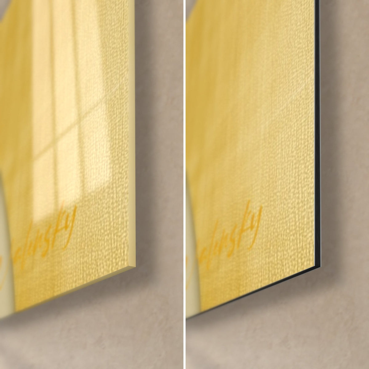 Gemälde goldenes Profil mit bordeauxroten Laufspuren, untere rechte Ecke: glänzendes Acrylglas links, mattes schwarzes Dibond rechts