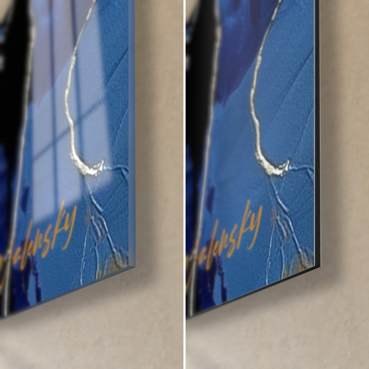 Wall art abstract face in royal blue and gold, bottom right corner in glossy glass and matte Dibond, golden crack and Walensky signature