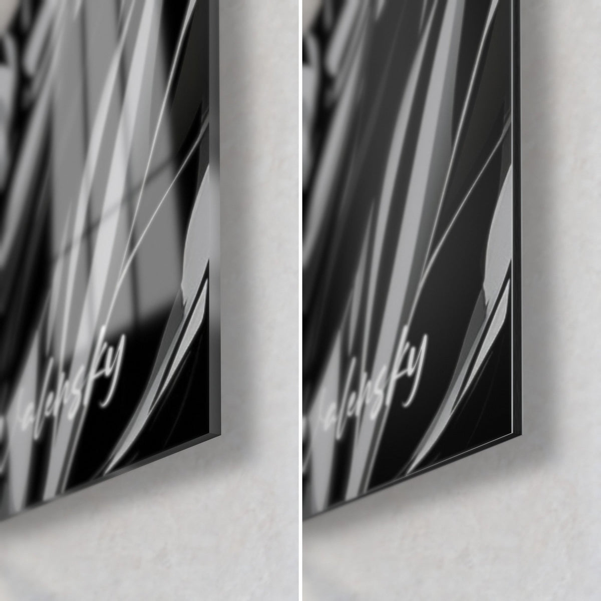 Wall art face with black and white feathers, bottom right corner: glossy acrylic glass on the left, matte brushed Dibond aluminium on the right, 3 mm edge
