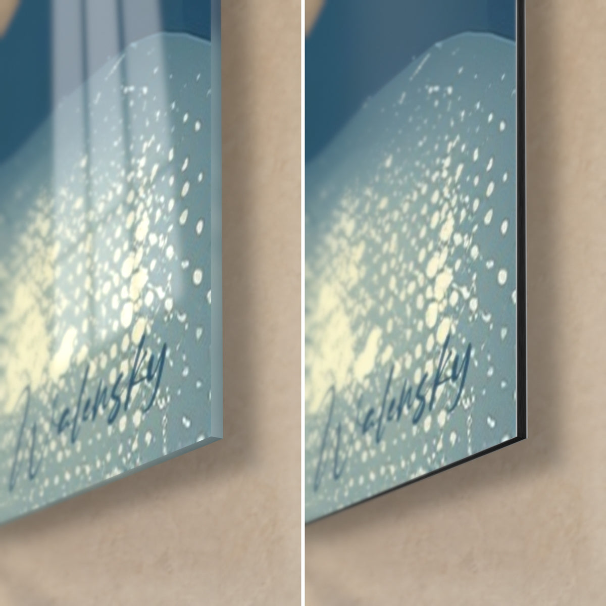 Wall art portrait with red lips, bottom right corner: glossy acrylic glass on the left, matte brushed Dibond aluminium on the right, 3 mm edge